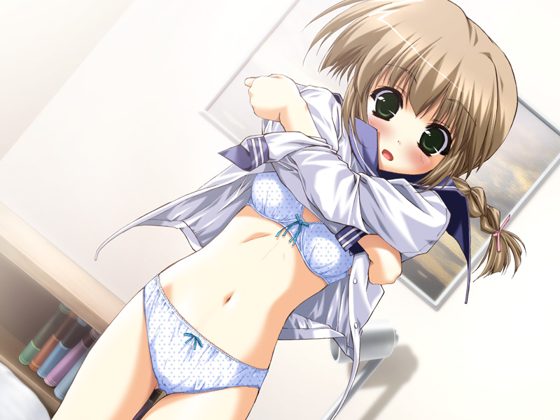 shintarou, souma nanami, boy meets girl, game cg, non-web source, 1girl, blush, bow, bow bra, bow panties, bra, braid, breasts, brown hair, clothes lift, crossed arms, dutch angle, embarrassed, female focus, flat chest, green eyes, lace, lace-trimmed bra, lace-trimmed panties, lace trim, lingerie, long hair, matching underwear, navel, no pants, open clothes, open mouth, open shirt, panties, polka dot, polka dot bra, polka dot panties, school uniform, serafuku, shirt, shirt lift, small breasts, solo, standing, surprised, thigh gap, thighs, underwear, undressing, white bra, white panties
