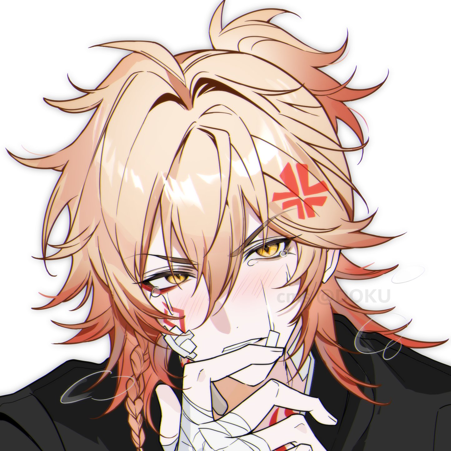 poison syrup, mydei (honkai: star rail), honkai: star rail, honkai (series), hashtag-only commentary, highres, 1boy, anger vein, bandage on face, bandaged hand, bandages, black shirt, blonde hair, braid, crying, crying with eyes open, facial tattoo, gradient hair, hair between eyes, looking at viewer, male focus, medium hair, multicolored hair, neck tattoo, portrait, red hair, shirt, side braid, simple background, solo, tattoo, tears, white background, yellow eyes