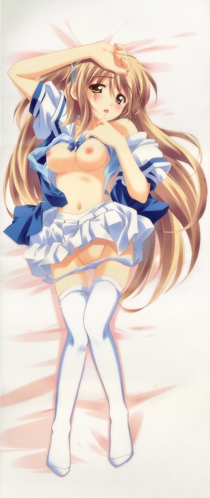 game cg, tagme, 1girl, bed, breasts, dakimakura (medium), female focus, panties, pussy, solo, underwear, undressing