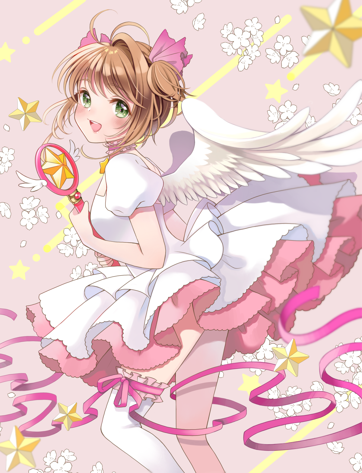 momo-tako, kinomoto sakura, cardcaptor sakura, commentary request, highres, 1girl, :d, antenna hair, blush, brown hair, choker, dress, feathered wings, feet out of frame, frilled choker, frilled thighhighs, frills, green eyes, holding, holding wand, looking at viewer, open mouth, pink background, pink choker, pink ribbon, ribbon, short hair, short sleeves, single thighhigh, smile, solo, standing, thighhighs, wand, white dress, white thighhighs, white wings, wings