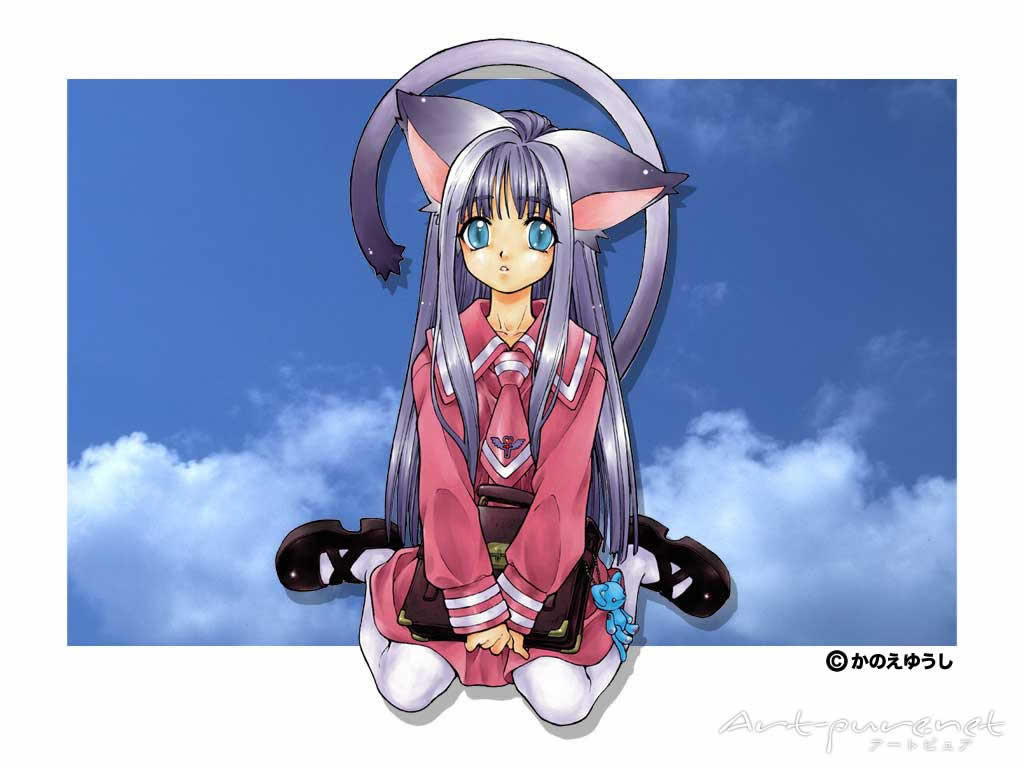 animal ears, blue eyes, cat ears, cat tail, dress, long hair, school uniform, serafuku, skirt, tail, thighhighs