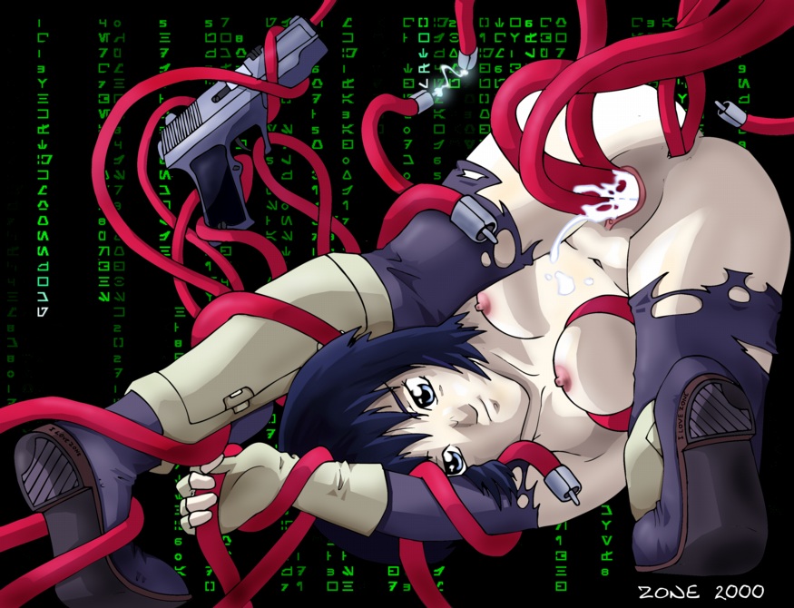 kusanagi motoko, ghost in the shell, anal, ass, black hair, blue eyes, breasts, cum, gloves, gun, nipples, nude, pussy, short hair, tentacles, thighhighs, torn clothes, weapon, wire