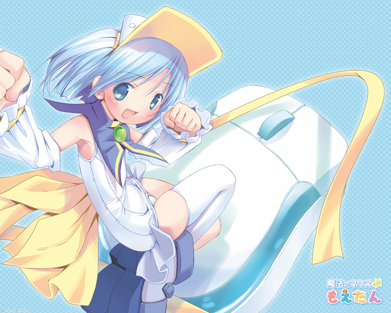 pop, pastel ink, moetan, 00s, 1girl, blue eyes, blue hair, blush, computer mouse, one-piece swimsuit, school swimsuit, swimsuit, thighhighs