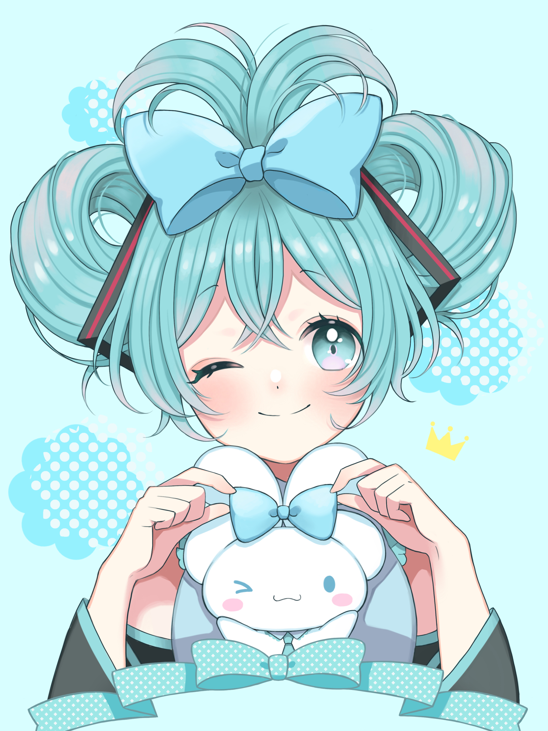 momo-tako, cinnamiku, cinnamoroll, hatsune miku, fuwa fuwa cinnamoroll, sanrio, vocaloid, absurdres, commentary, highres, 1girl, ;), bare shoulders, black sleeves, blue background, blue bow, blue eyes, blue hair, blush, bow, closed mouth, cropped torso, detached sleeves, double-parted bangs, grey shirt, hair bow, hands up, long sleeves, looking at viewer, one eye closed, shirt, short hair, sleeveless, sleeveless shirt, smile, solo, twintails, updo