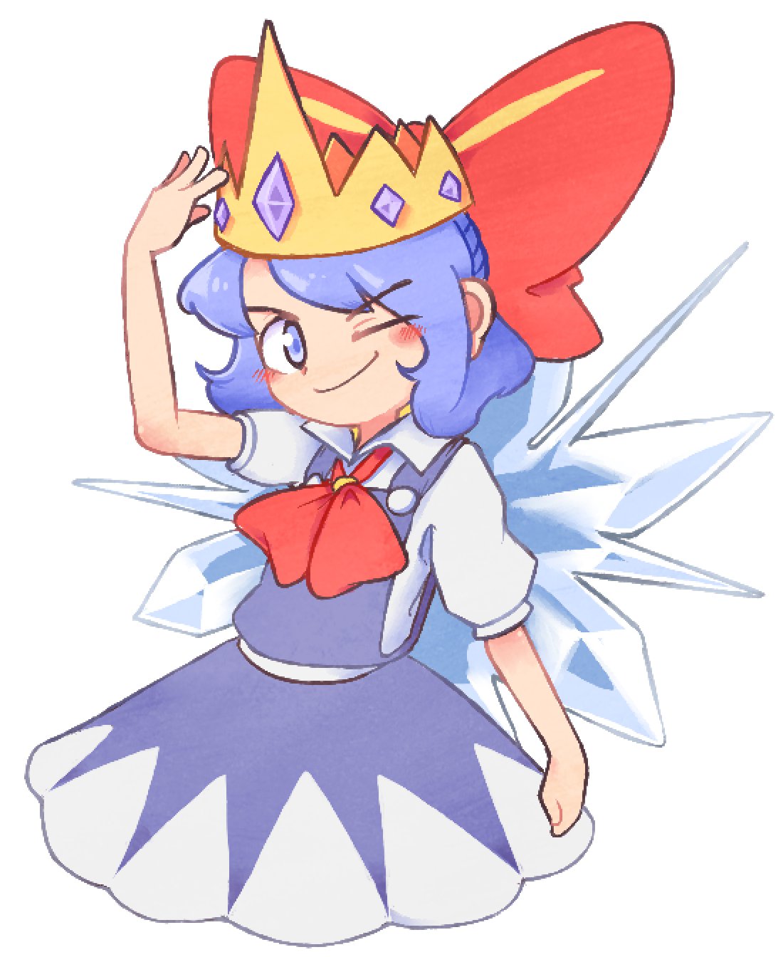 slascoplerd, cirno, touhou, highres, blue eyes, blue hair, blue skirt, blue vest, cirno day, collared shirt, crown, ice, ice wings, medium hair, one eye closed, shirt, short sleeves, skirt, vest, white shirt, wings