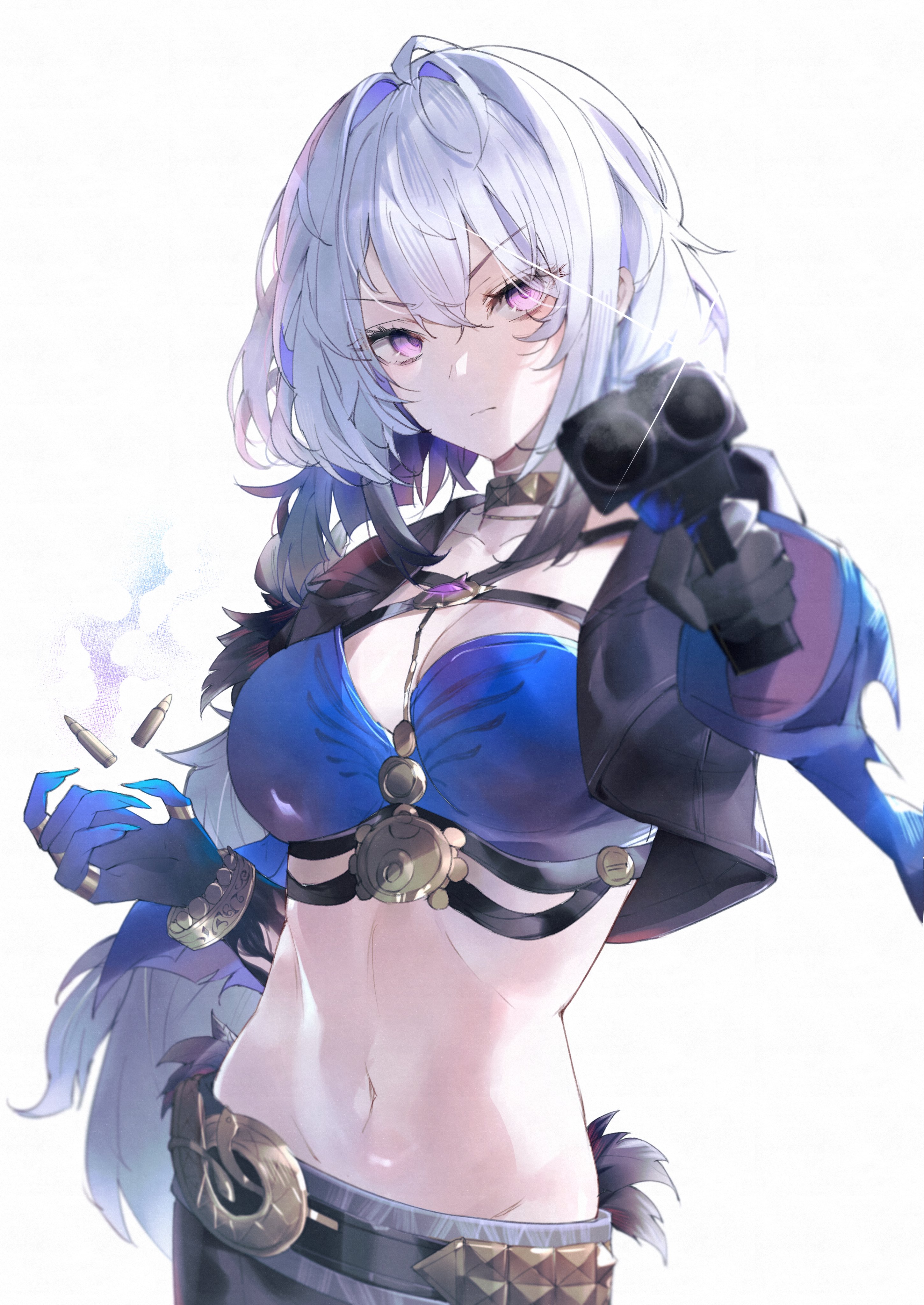 shigureszku, galbrena (wuthering waves), wuthering waves, absurdres, commentary, highres, 1girl, aiming, aiming at viewer, black choker, black gloves, black jacket, blue bra, blue nails, bra, breasts, bullet, choker, cleavage, closed mouth, collarbone, cowboy shot, cropped jacket, fingernails, gloves, grey hair, gun, hair between eyes, hair intakes, holding, holding gun, holding weapon, jacket, long fingernails, looking at viewer, medium breasts, medium hair, mutation, navel, purple eyes, single glove, solo, stomach, underwear, v-shaped eyebrows, weapon