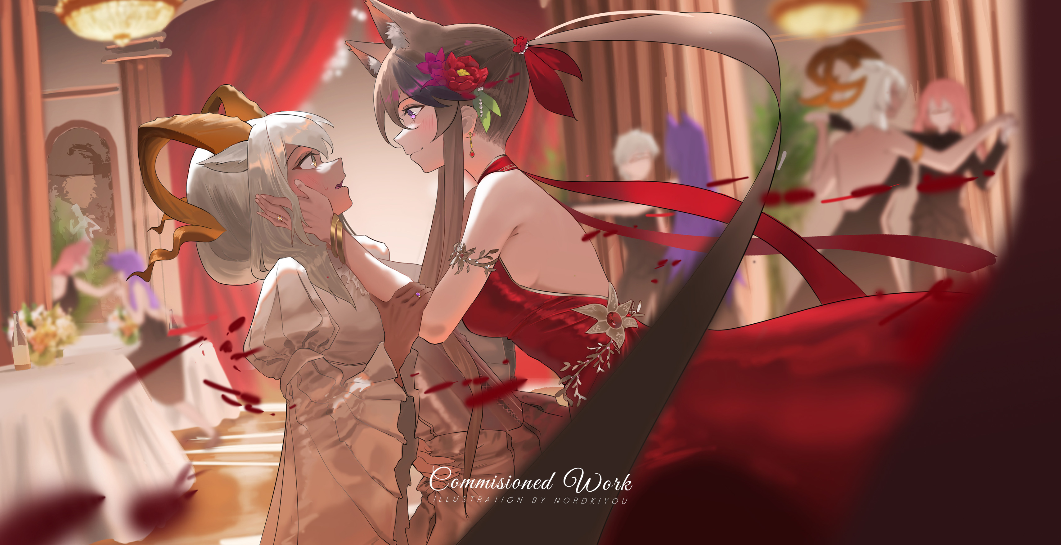 northkiyou, beeswax (arknights), cardigan (arknights), carnelian (arknights), arknights, absurdres, commentary, commission, highres, 3girls, animal ear fluff, animal ears, armlet, backless dress, backless outfit, black dress, blush, bracelet, breasts, brown hair, curled horns, dancing, dark-skinned female, dark skin, dog ears, dog girl, dress, earrings, embarrassed, eye contact, floating hair, flower, hair flower, hair ornament, hair ribbon, hand on another's arm, hand on another's face, horns, jewelry, large breasts, light smile, looking at another, multiple girls, ponytail, purple eyes, red dress, red flower, red ribbon, ribbon, ring, sideboob, small sweatdrop, watermark, white dress, white hair, wide sleeves, yellow eyes, yuri