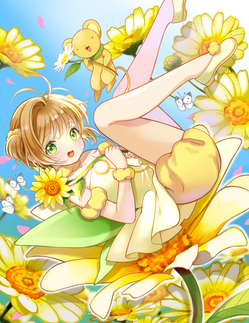 momo-tako, kero (cardcaptor sakura), kinomoto sakura, kinomoto sakura (fairy), cardcaptor sakura, commentary, highres, 1girl, :d, antenna hair, bare shoulders, blue background, blue sky, blush, bug, butterfly, daisy (flower), day, dress, flower, foot out of frame, green eyes, holding, holding flower, insect, open mouth, outdoors, shoes, sky, smile, strapless, strapless dress, two side up, white butterfly, yellow dress, yellow shoes