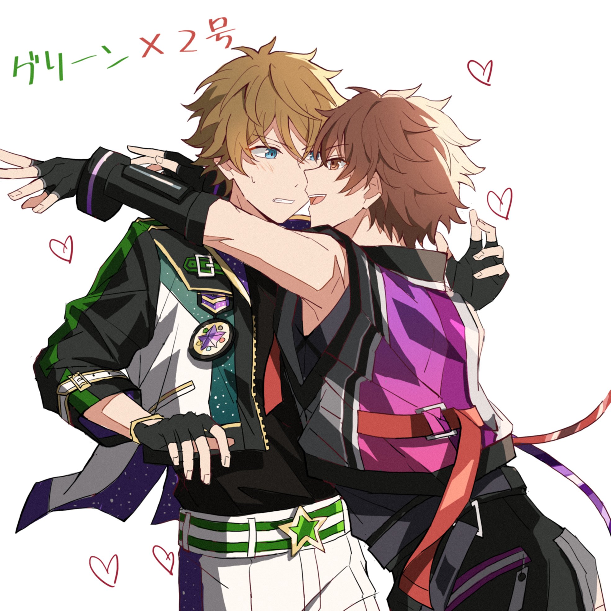llmtmllmt, morisawa chiaki, takamine midori, ensemble stars!, commentary, highres, official art, translation request, 2boys, aqua eyes, belt, belt buckle, black gloves, brown hair, buckle, cowboy shot, fingerless gloves, fingernails, gloves, hand up, heart, jacket, multiple boys, nervous sweating, open clothes, open jacket, open mouth, short hair, simple background, sleeveless, star (symbol), supervillain (ensemble stars!), sweat, teeth, three-quarter sleeves, upper teeth only, white background, yaoi, zipper
