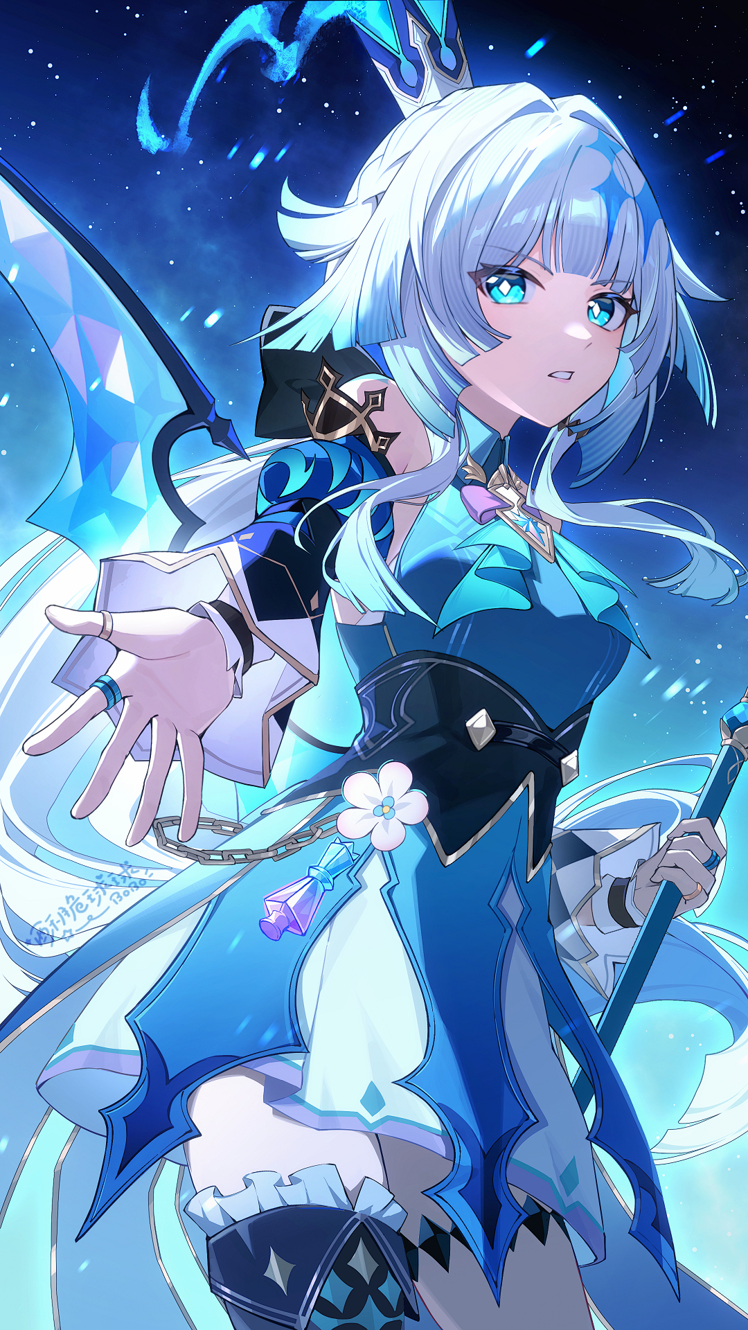 so zei tama tama, cerydra (honkai: star rail), honkai: star rail, honkai (series), commentary, highres, making-of available, revision, 1girl, ascot, bare shoulders, blue ascot, blue dress, blue eyes, blue skirt, breasts, bright pupils, cowboy shot, detached sleeves, dress, grey hair, hair intakes, hair ornament, holding, looking at viewer, medium breasts, medium hair, multicolored hair, offering hand, parted lips, signature, skirt, solo, streaked hair, thighs, white pupils