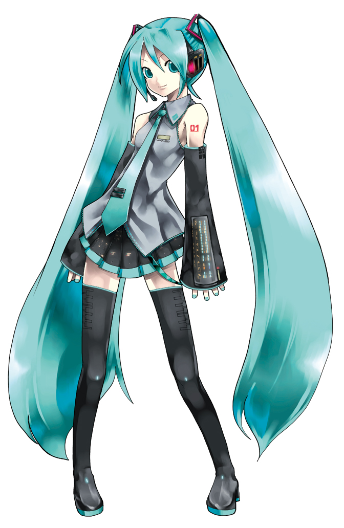 kei (keigarou), hatsune miku, vocaloid, vocaloid2, official art, 1girl, aqua hair, aqua nails, aqua necktie, black boots, black thighhighs, blouse, blue hair, blue nails, blue necktie, boots, collared shirt, detached sleeves, female focus, full body, grey shirt, hair between eyes, headset, long hair, nail polish, necktie, number tattoo, pigeon-toed, shirt, shoulder tattoo, simple background, skirt, sleeveless, sleeveless shirt, solo, standing, tattoo, thigh boots, thighhighs, twintails, very long hair, white background, zettai ryouiki