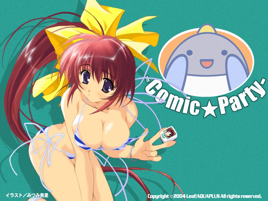 mitsumi misato, takase mizuki, yoshio (leaf), comic party, eyebrows, official art, official wallpaper, 00s, 1girl, :/, :d, antenna hair, aqua background, artist name, bikini, blue bikini, blue eyes, blush, bow, bracelet, breasts, character name, cleavage, closed mouth, copyright name, covered erect nipples, dated, female focus, from side, groin, hair between eyes, hair bow, high side ponytail, holding, jewelry, kneeling, large breasts, leaning forward, legs together, long hair, looking at viewer, open mouth, ponytail, purple eyes, red hair, sandals, shadow, side-tie bikini bottom, side ponytail, simple background, smile, solo, strap pull, striped bikini, striped clothes, swimsuit, very long hair, white bikini, yellow bow