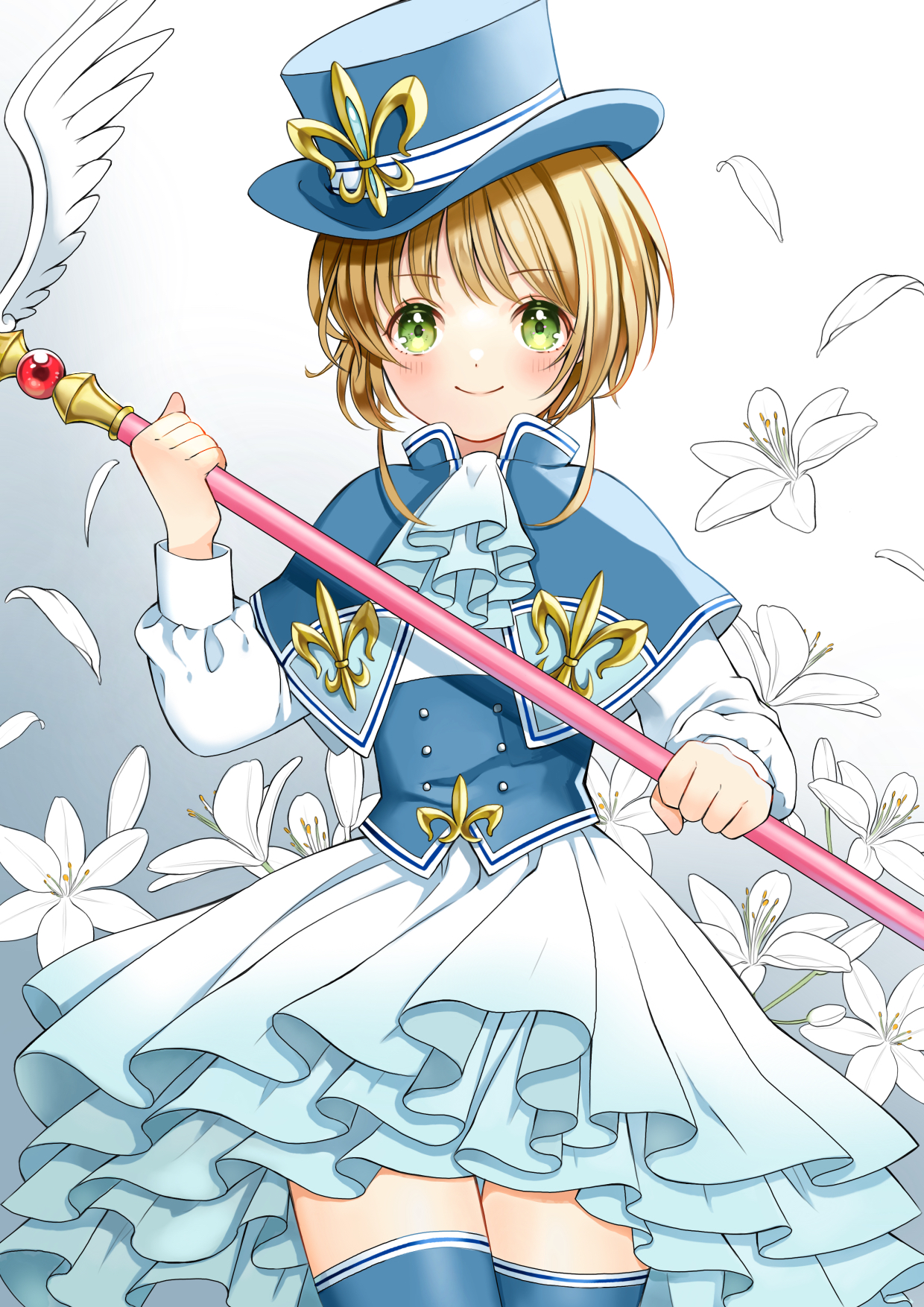 momo-tako, kinomoto sakura, cardcaptor sakura, commentary, highres, 1girl, blue capelet, blue hat, blue thighhighs, blue vest, blush, brown hair, capelet, closed mouth, cowboy shot, dress, flower, gradient background, green eyes, grey background, hat, holding, holding staff, long sleeves, looking at viewer, short hair, simple background, smile, solo, staff, thighhighs, vest, white background, white dress, white flower, zettai ryouiki