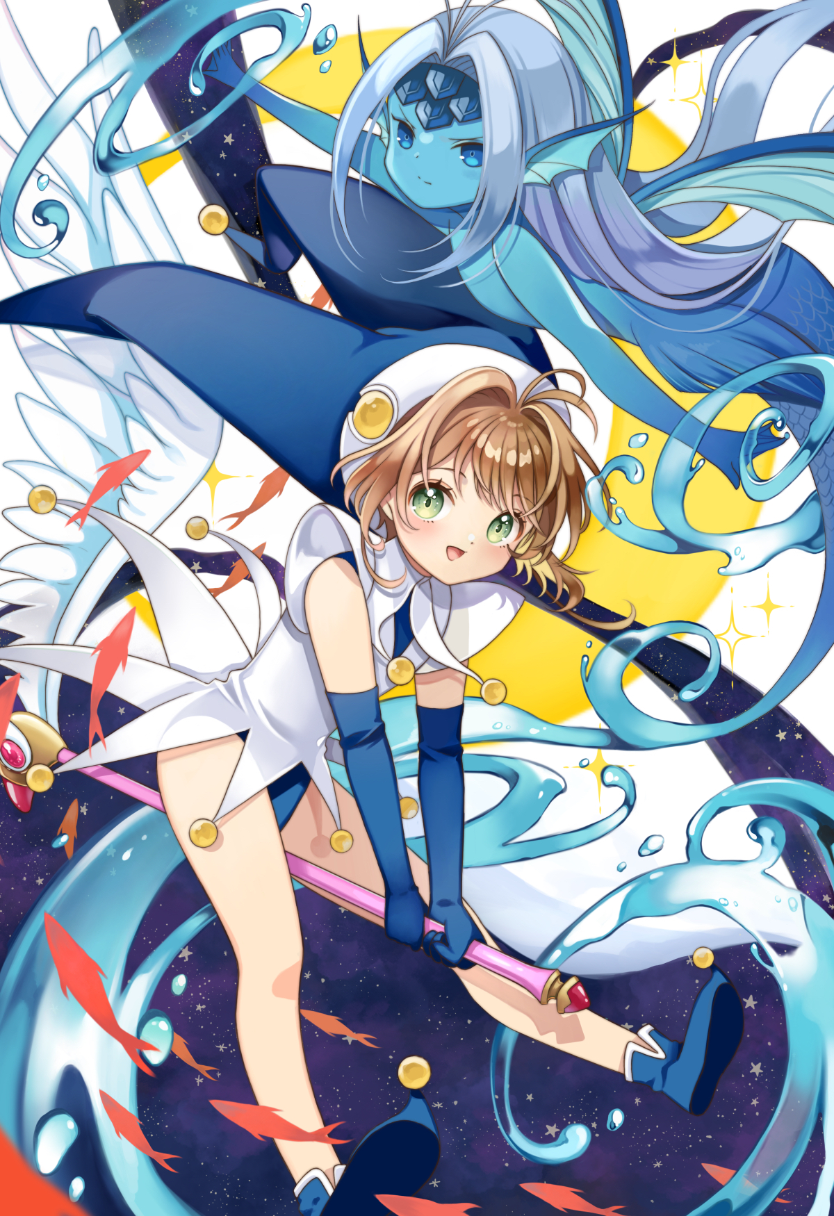 momo-tako, kinomoto sakura, kinomoto sakura (water fairy), watery (clow card), cardcaptor sakura, commentary request, highres, 2girls, :d, antenna hair, blue boots, blue eyes, blue gloves, blue hat, blue leotard, blue skin, blush, boots, brown hair, closed mouth, colored skin, elbow gloves, fins, fuuin no tsue, gloves, green eyes, happy, hat, head fins, jester cap, legs, leotard, long hair, looking at viewer, magical girl, mermaid, monster girl, multiple girls, open mouth, smile, star (symbol), wand, water, white wings, wings