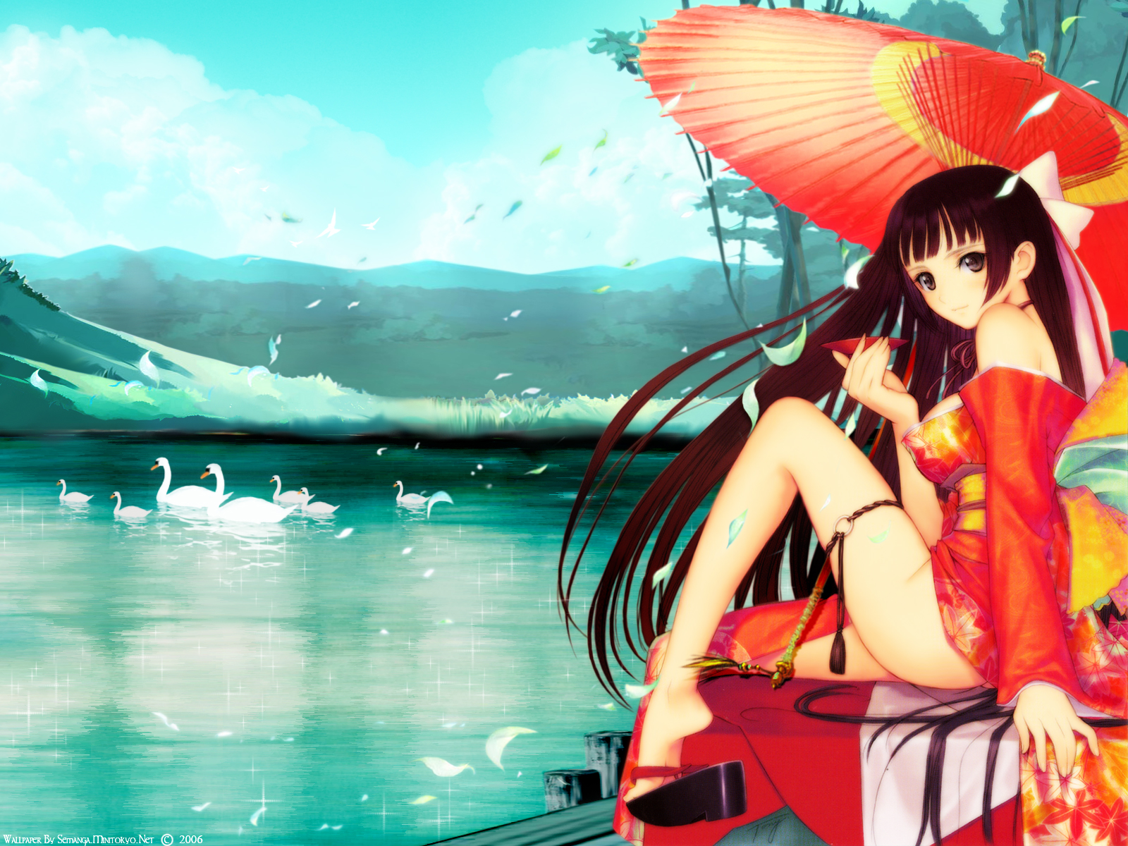 tony taka, ryuna, shining (series), shining tears, highres, tagme, 1girl, bird, blush, japanese clothes, long hair, swan, umbrella