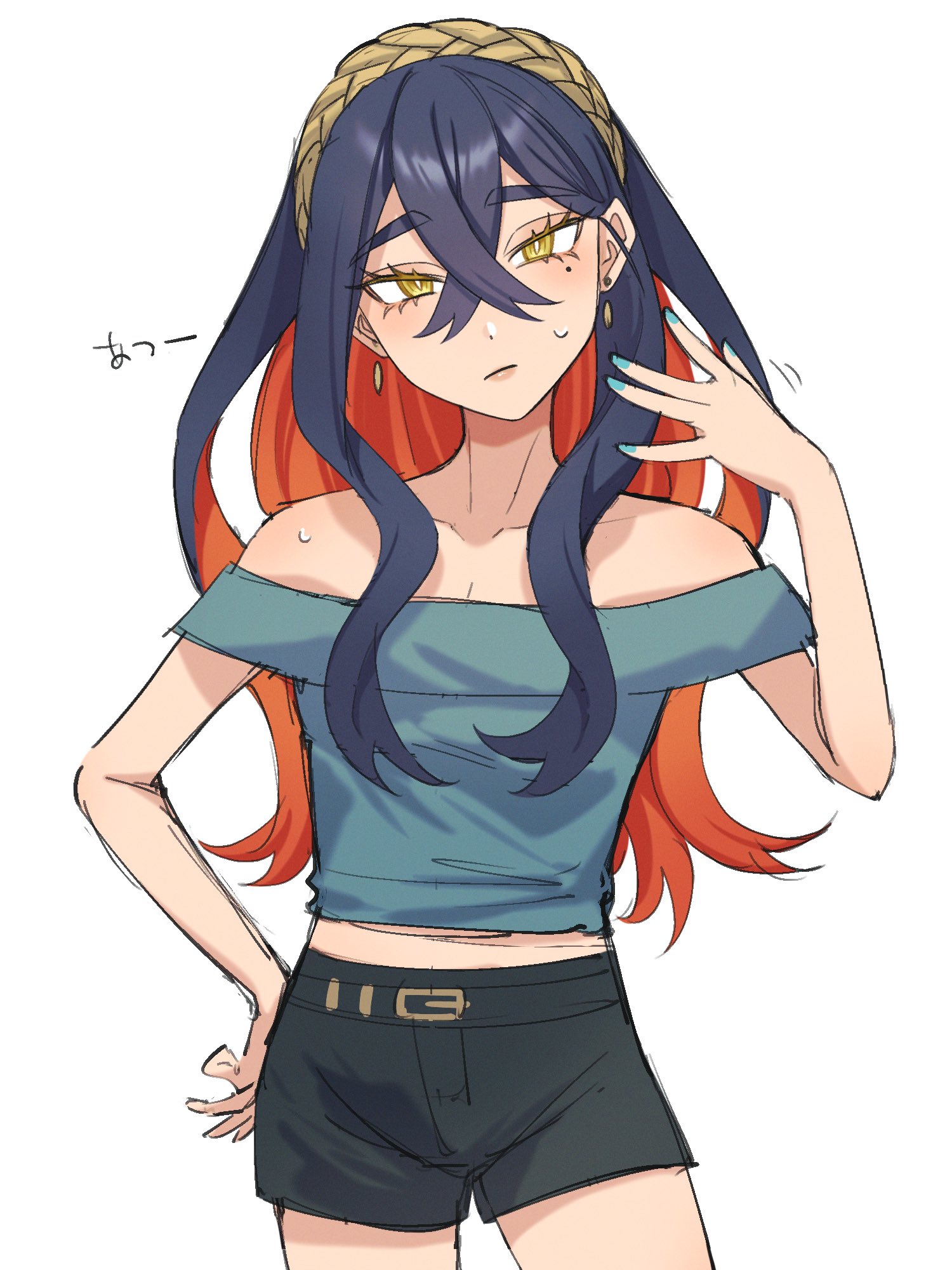 saba chimera, carmine (pokemon), nintendo, pokemon, pokemon sv, highres, 1girl, alternate costume, bare shoulders, black hair, black shorts, blue shirt, blush, breasts, closed mouth, collarbone, colored inner hair, crossed bangs, earrings, hair between eyes, hairband, jewelry, long hair, looking at viewer, midriff peek, mole, mole under eye, multicolored hair, off-shoulder shirt, off shoulder, red hair, shirt, shorts, simple background, sweat, two-tone hair, white background, yellow eyes