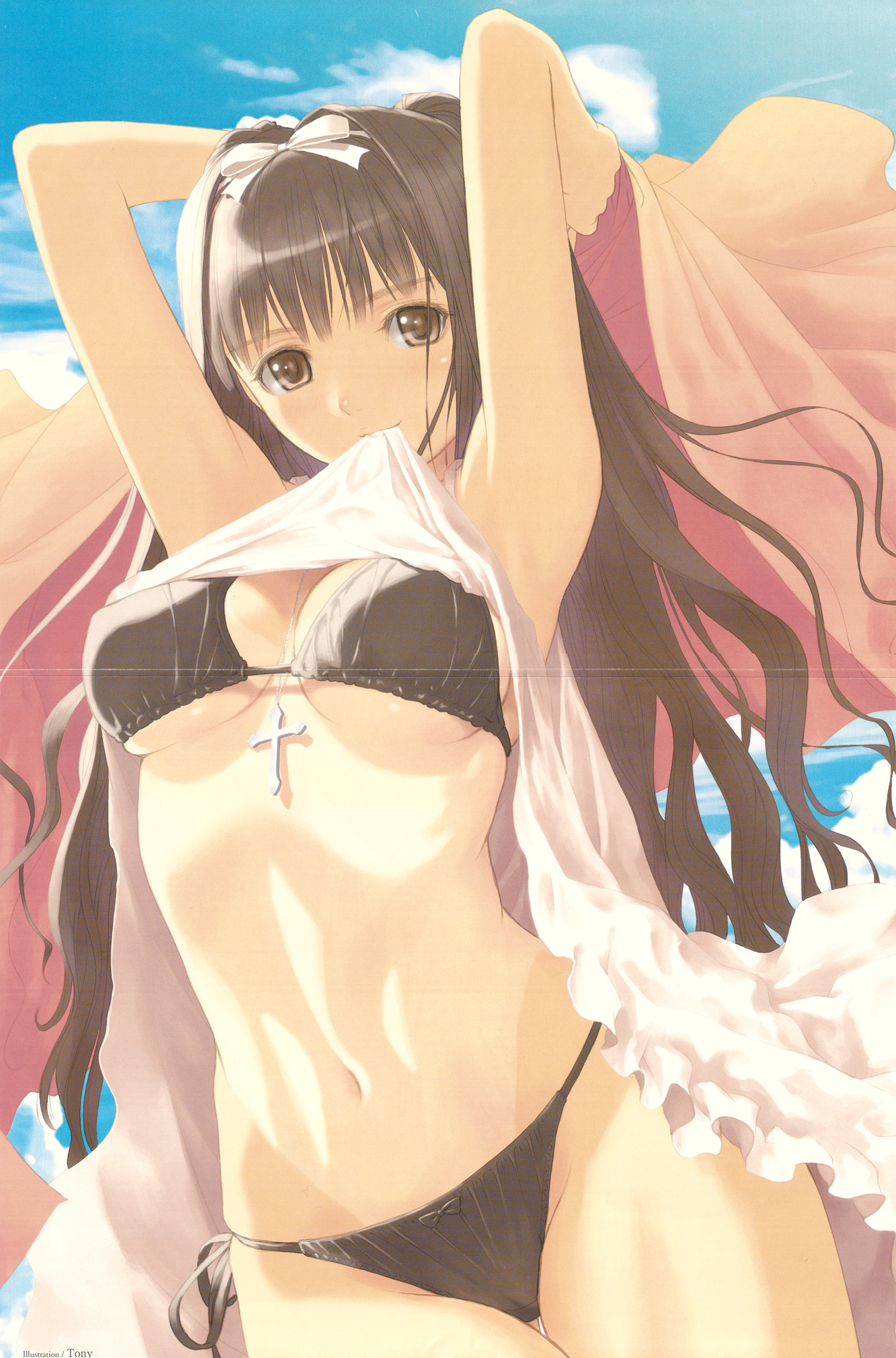 tony taka, absurdres, highres, bikini, blush, clothes lift, long hair, skirt, skirt lift, swimsuit