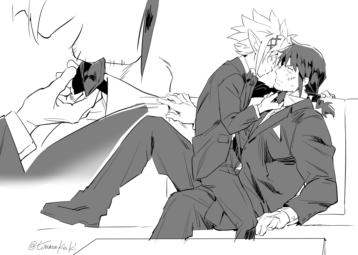 dasshu (dashi now), stunk, zel (ishuzoku reviewers), ishuzoku reviewers, 2boys, bow, bowtie, bowtie pull, braid, eye contact, facial hair, greyscale, jacket, long sleeves, looking at another, male focus, monochrome, multiple boys, mustache stubble, pants, pointy ears, scar, scar on face, shoes, short hair, smile, sparse stubble, straddling, stubble, yaoi