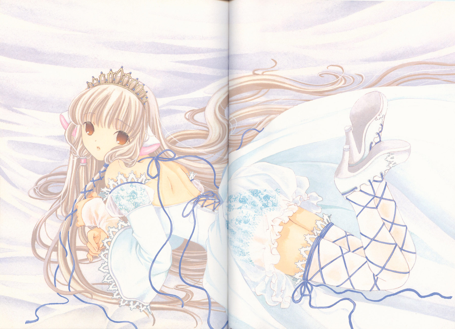 chii, chobits, highres, 00s, goth fashion, lace, long hair, skirt, thighhighs