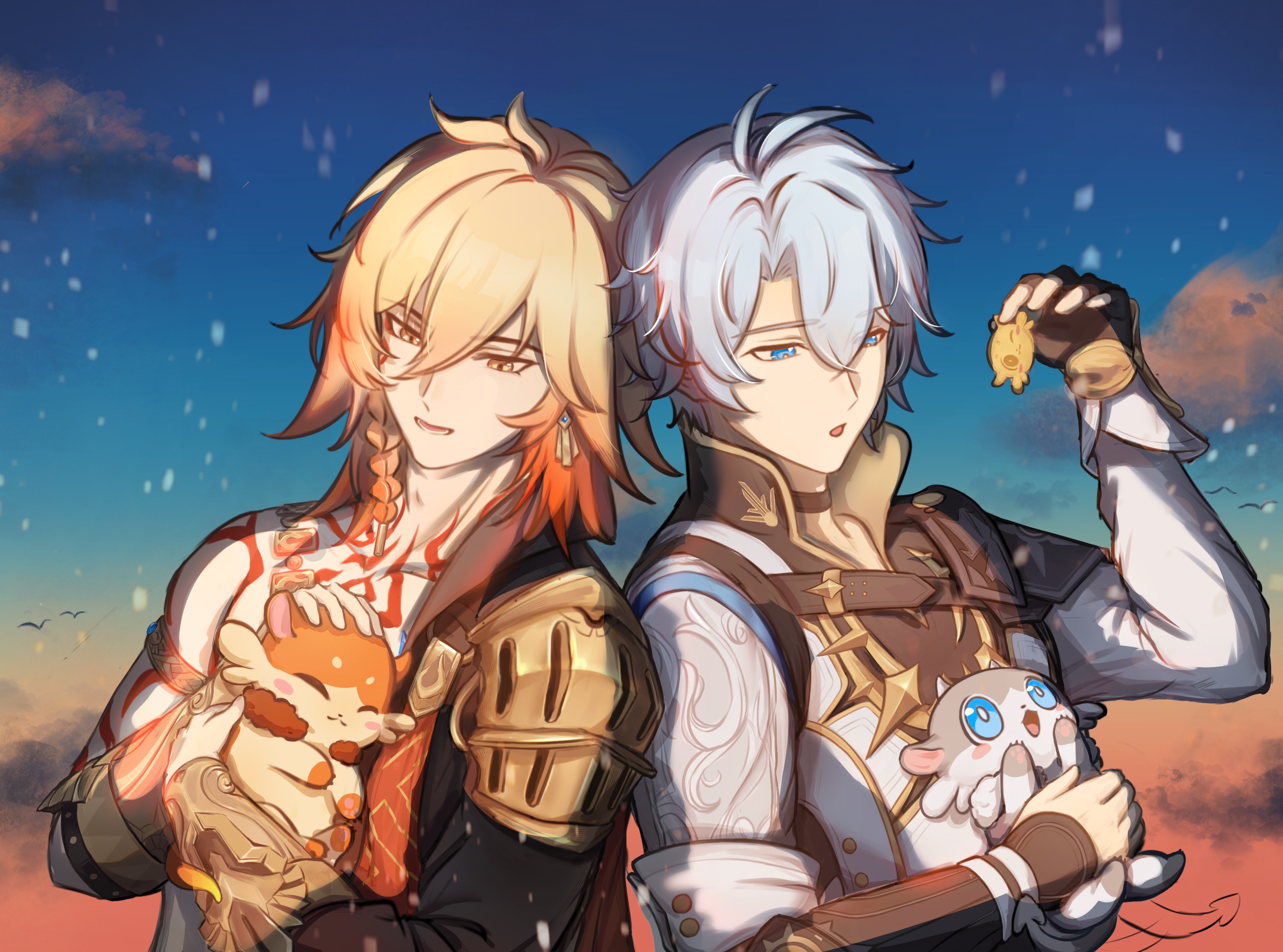 mydei (fig stew) (honkai: star rail), mydei (honkai: star rail), phainon (honkai: star rail), phainon (vigethos) (honkai: star rail), honkai: star rail, honkai (series), chinese commentary, commentary request, highres, 2boys, antenna hair, arm tattoo, armlet, armor, black choker, black coat, black gloves, black shirt, blonde hair, blue eyes, braid, chest tattoo, chimera (honkai: star rail), choker, clawed gauntlets, coat, creature, earrings, facial tattoo, fingerless gloves, food, gloves, gold earrings, gold necklace, gradient hair, hair between eyes, holding, holding creature, holding food, jewelry, male focus, medium hair, multicolored hair, multiple boys, necklace, open clothes, open coat, parted bangs, pauldrons, red hair, red tattoo, shirt, short hair, shoulder armor, side braid, single glove, single pauldron, tattoo, white coat, white hair, xxr387248451, yellow eyes