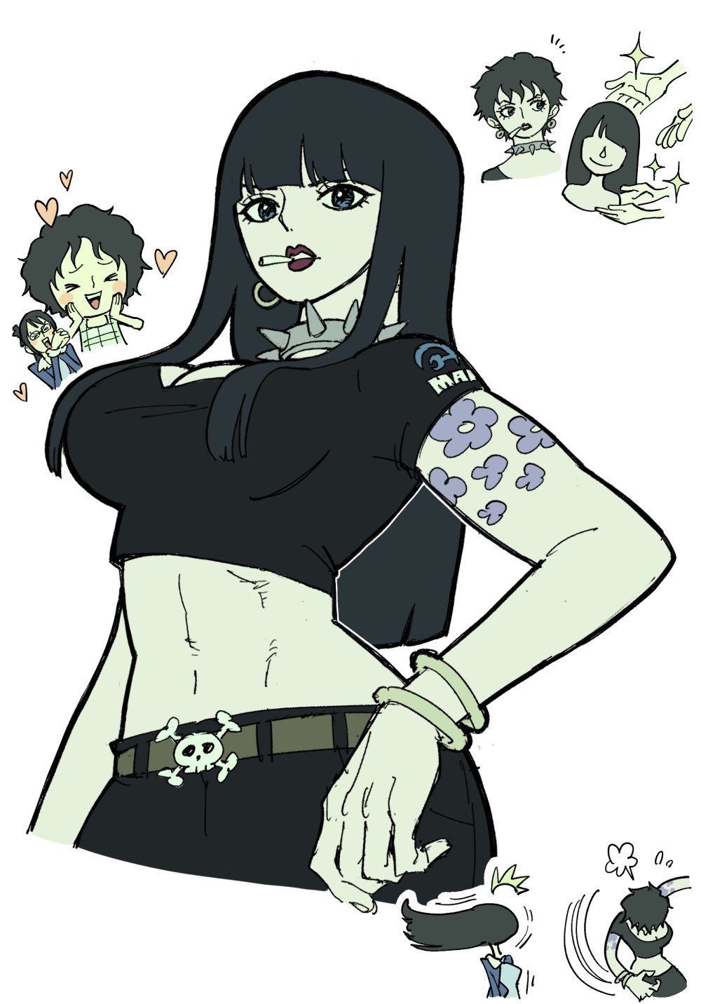 naka29maru, doll (one piece), mocha (one piece), tashigi, one piece, highres, > <, 3girls, abs, arm tattoo, belt, black hair, blue eyes, blunt bangs, bracelet, choker, cigarette, crop top, glasses, heart, jewelry, multiple girls, red lips, short hair, simple background, sparkle, spiked choker, spikes, tattoo, white background