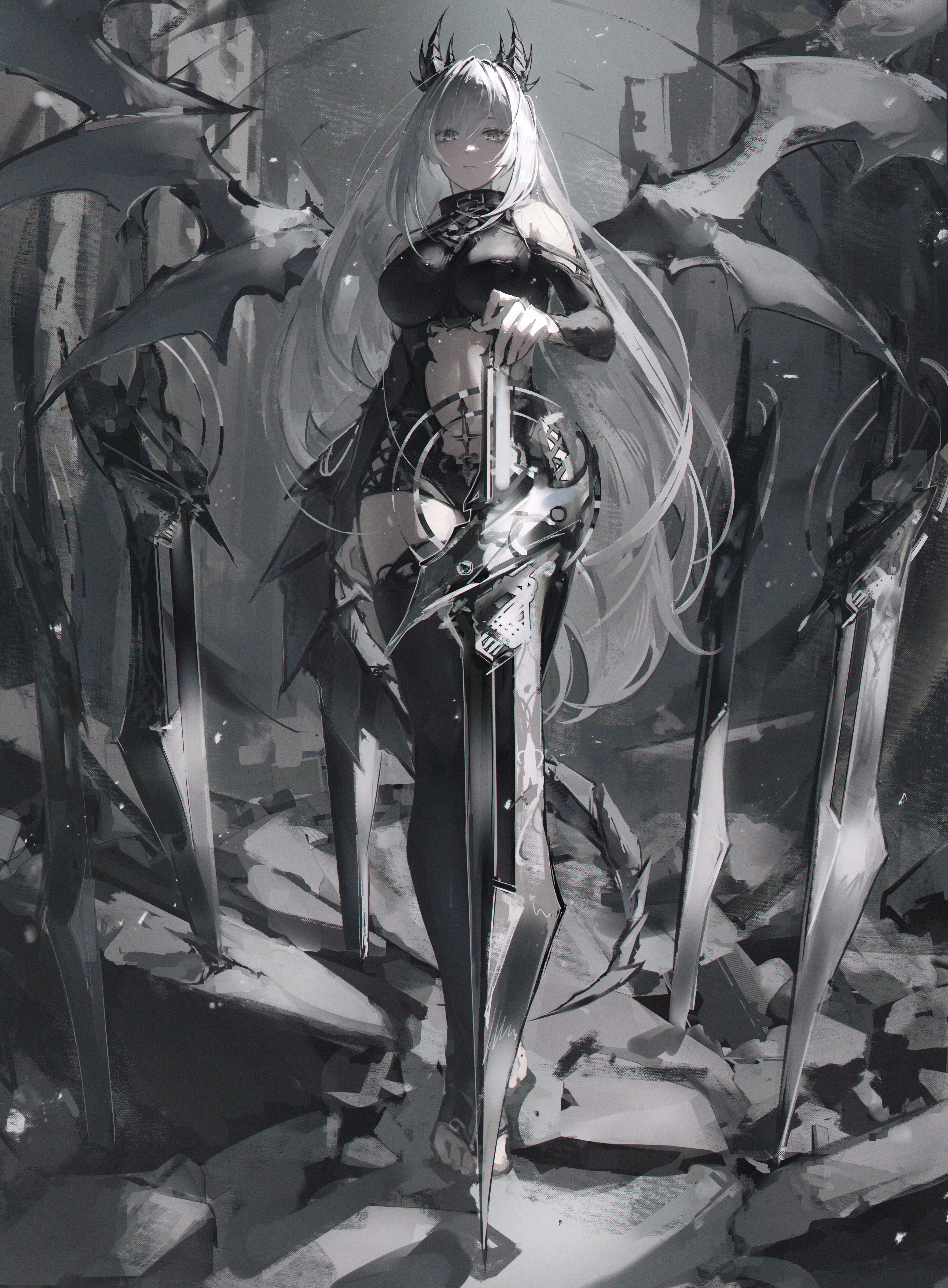 fuunyon, original, absurdres, commentary request, highres, 1girl, bare shoulders, black horns, black sandals, black shirt, black sleeves, black thighhighs, breasts, closed mouth, detached sleeves, full body, grey background, grey eyes, holding, holding sword, holding weapon, horns, large breasts, long hair, long sleeves, looking at viewer, planted, planted sword, planted weapon, sandals, shirt, solo, standing, sword, thighhighs, weapon, white hair