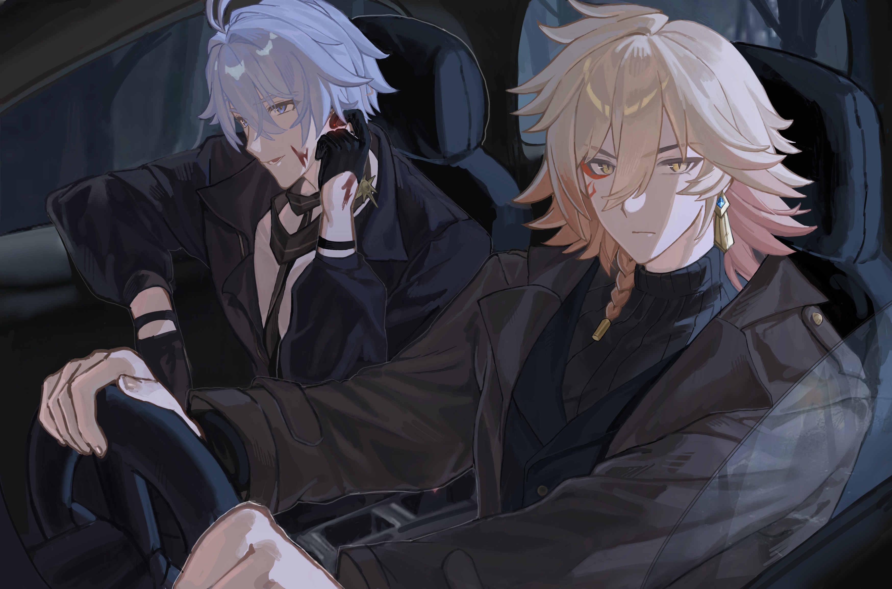mydei (honkai: star rail), phainon (fashion) (honkai: star rail), phainon (honkai: star rail), honkai: star rail, honkai (series), absurdres, chinese commentary, commentary request, highres, 2boys, antenna hair, black choker, black gloves, black jacket, black shirt, blonde hair, blood, blood on face, blue eyes, braid, car, choker, collared shirt, earrings, facial tattoo, gloves, gold earrings, gradient hair, hair between eyes, half gloves, jacket, jewelry, male focus, medium hair, motor vehicle, multicolored hair, multiple boys, official alternate costume, on car, parted bangs, pectoral cleavage, pectorals, red hair, red tattoo, shirt, short hair, side braid, steering wheel, tattoo, turtleneck, turtleneck shirt, white hair, wochaoyongde66791, yellow eyes
