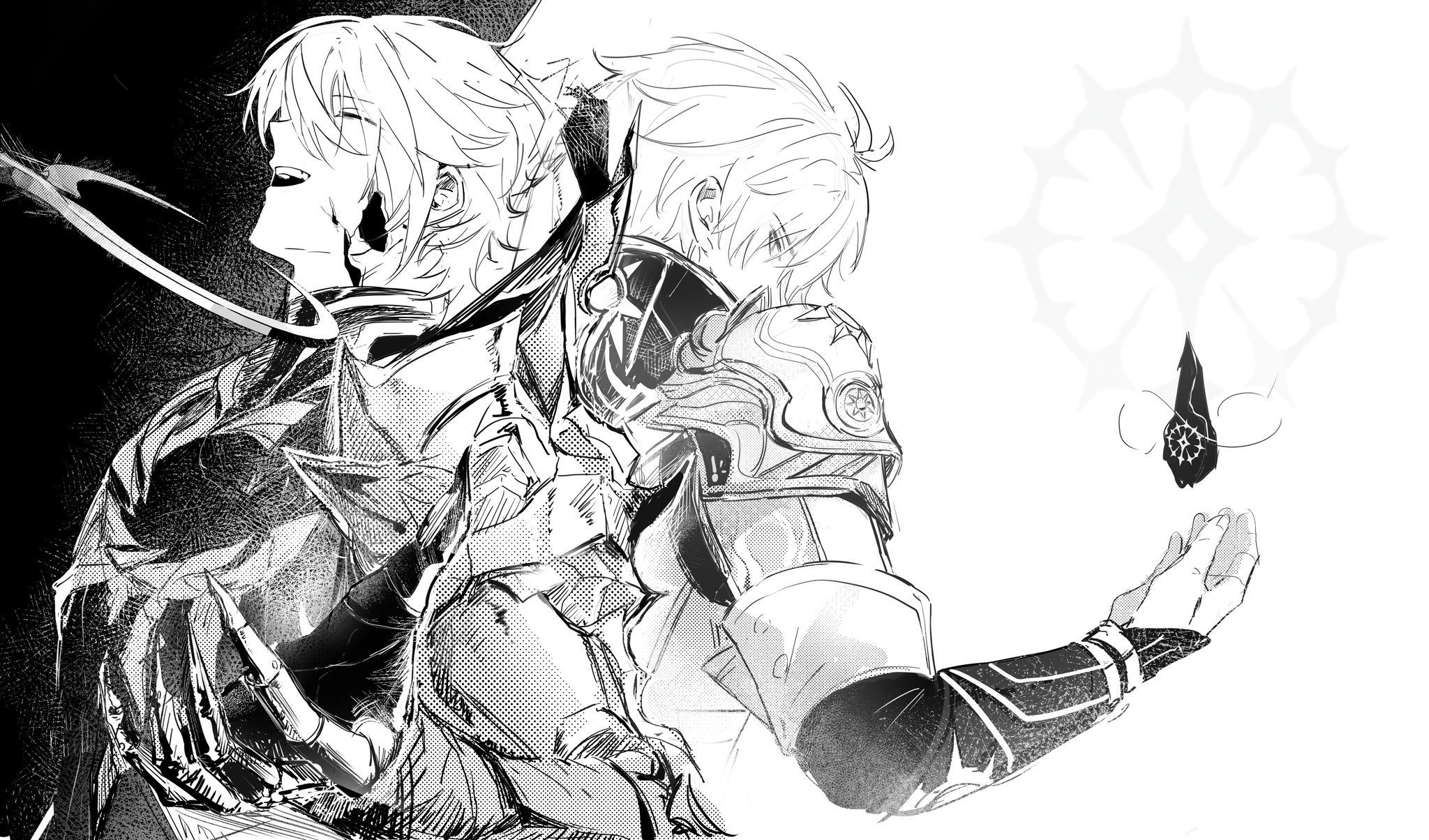 hmayme4238, flame reaver of the deepest dark, phainon (honkai: star rail), honkai: star rail, honkai (series), highres, 2boys, antenna hair, armor, back-to-back, broken skin, cape, ceremonial blade (honkai: star rail), closed eyes, coreflame (honkai: star rail), covered mouth, dual persona, fingernails, gauntlets, greyscale, hair between eyes, hand up, jacket, long sleeves, looking at another, looking back, male focus, monochrome, multiple boys, open mouth, short hair, shoulder armor, smile, sun symbol, teeth, two-tone background, upper body