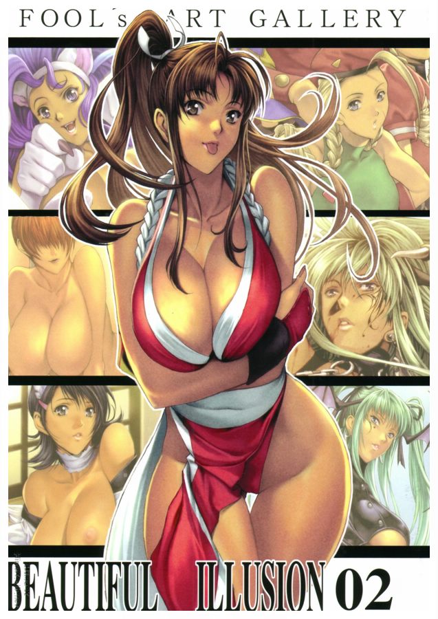 homare (fool's art), cammy white, felicia (darkstalkers), iroha (samurai spirits), morrigan aensland, shermie (kof), shiranui mai, capcom, darkstalkers, samurai spirits, street fighter, the king of fighters, 6+girls, ahoge, black hair, blonde hair, blue eyes, braid, breasts, brown eyes, brown hair, green hair, hat, huge breasts, long hair, multiple girls, ninja, plait, red hair, short hair, tongue, twintails, wings