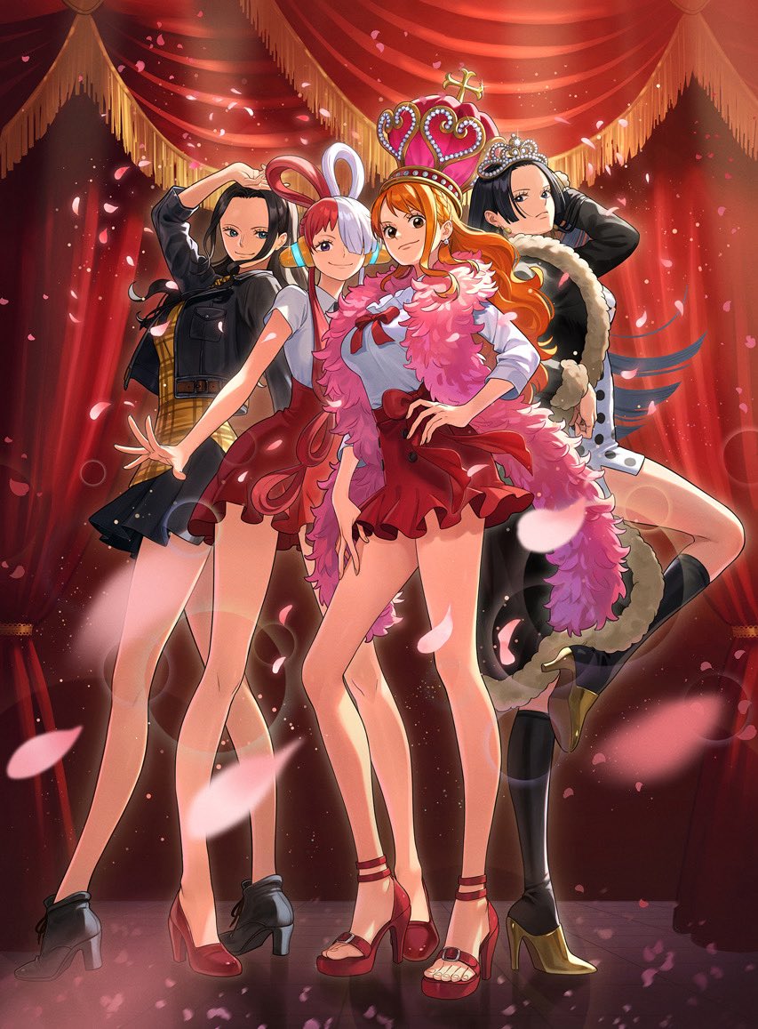 otton, boa hancock, nami (one piece), nico robin, uta (one piece), one piece, one piece card game, commentary request, official art, 4girls, black hair, black shoes, black socks, braid, crown, earrings, full body, hand on own hip, headphones, high heels, jewelry, long hair, looking at viewer, multicolored hair, multiple girls, orange hair, pink petals, red hair, red shoes, shirt, shoes, sidelocks, skirt, smile, socks, two-tone hair, white hair, yellow shirt