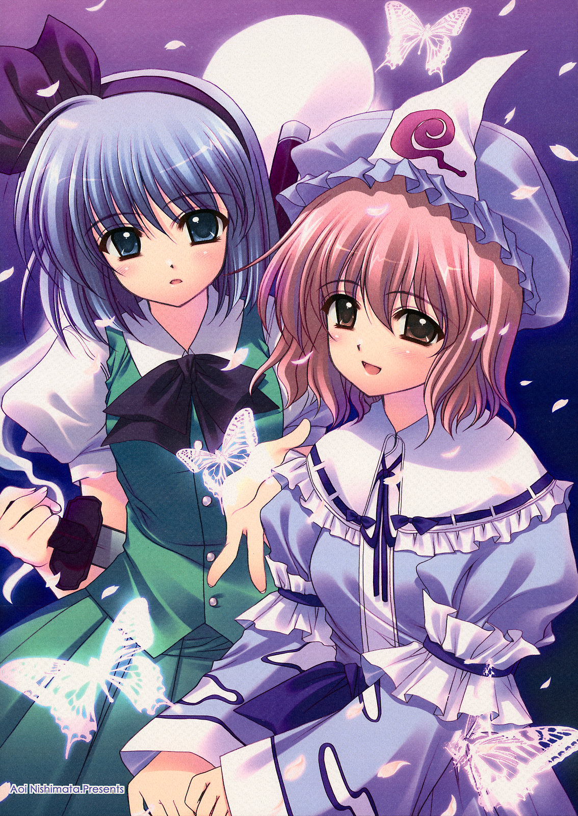 nishimata aoi, konpaku youmu, saigyouji yuyuko, touhou, highres, 2girls, blue eyes, blue hair, bow, dress, female focus, game, gradient background, hat, katana, multiple girls, pink eyes, pink hair, red eyes, ribbon, short hair, skirt, sword, weapon