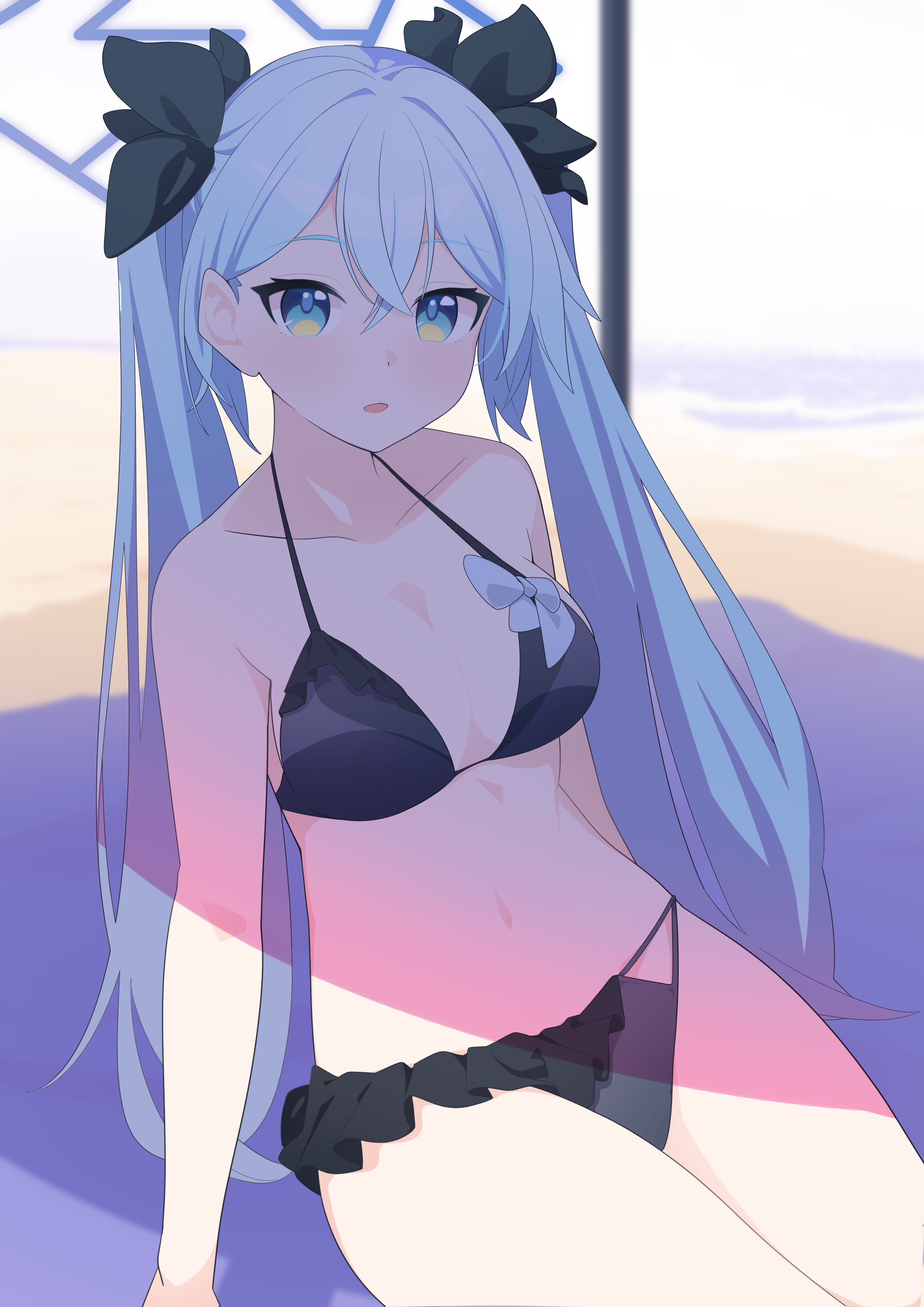 nekosame00, hatsune miku, vocaloid, absurdres, highres, 1girl, aqua eyes, aqua hair, bare shoulders, bikini, black bikini, breasts, cleavage, collarbone, hair between eyes, hair ornament, long hair, looking at viewer, medium breasts, navel, ocean, open mouth, shade, solo, stomach, summer, swimsuit, twintails, very long hair