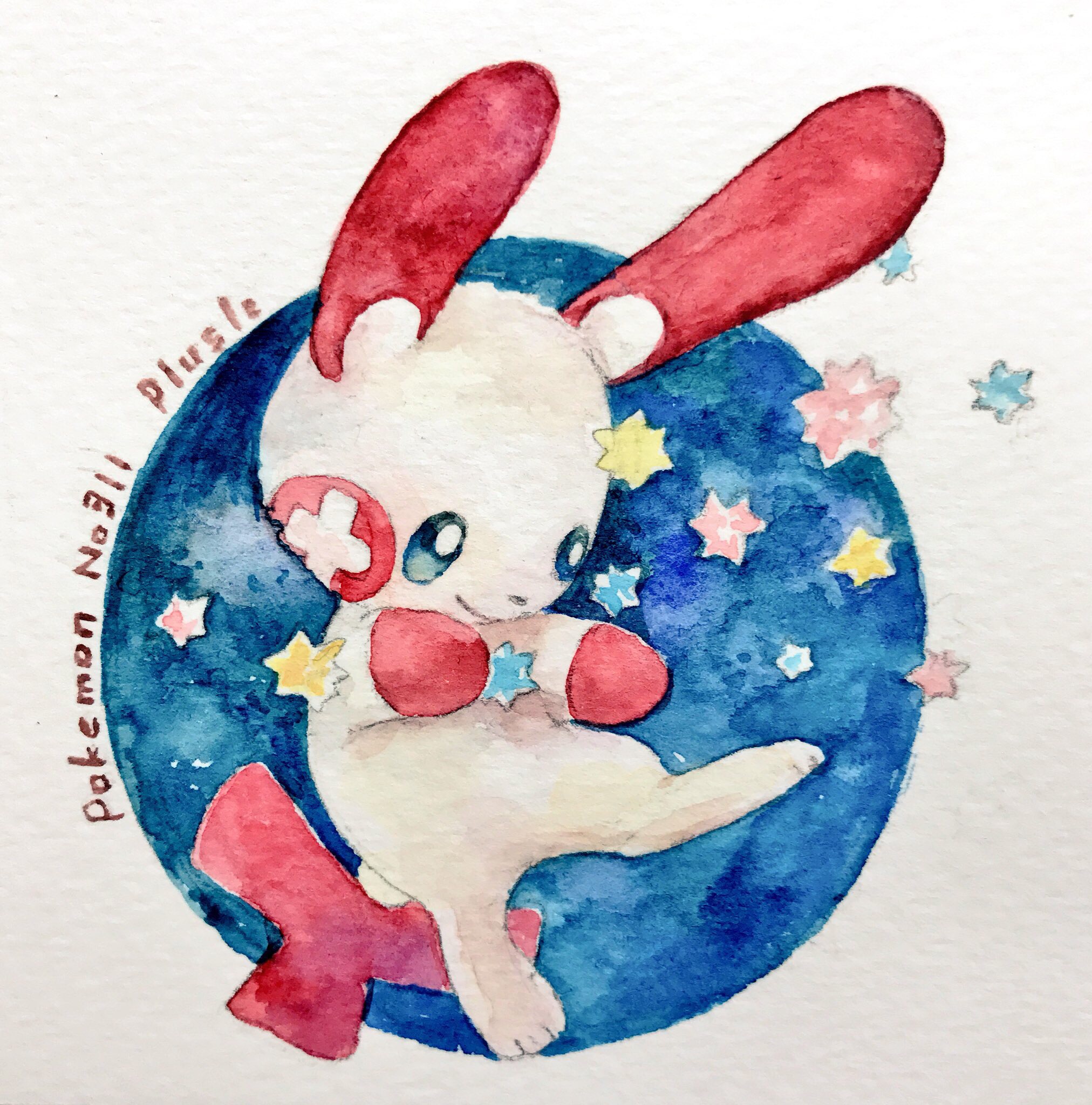 mint nappa, plusle, nintendo, pokemon, commentary request, highres, painting (medium), traditional media, watercolor (medium), animal focus, blue eyes, bright pupils, candy, character name, copyright name, food, full body, gen 3 pokemon, no humans, pokemon (creature), smile, solo, white pupils