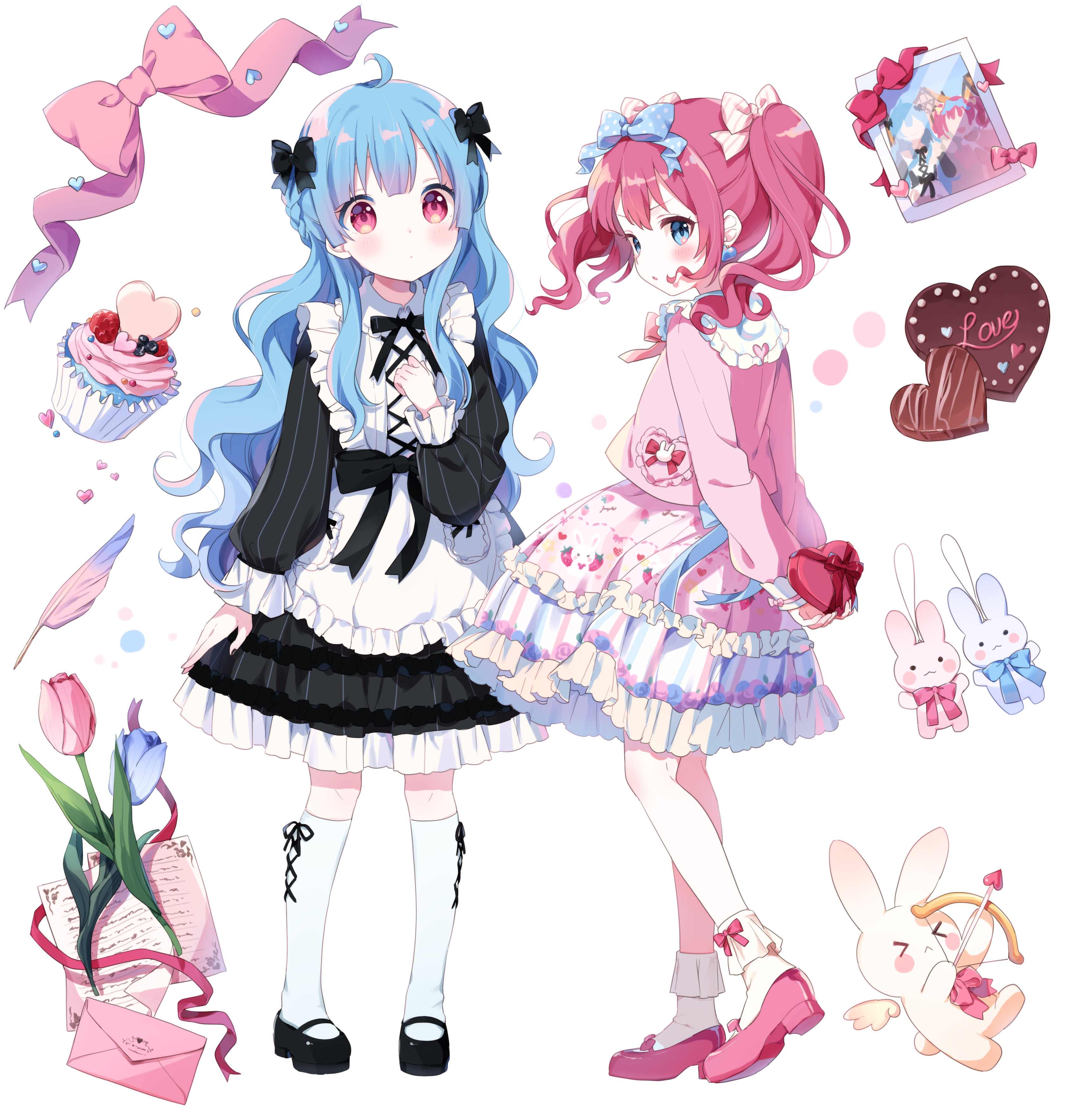 buchi (y0u0ri ), original, absurdres, commentary, highres, 2girls, ahoge, apron, black bow, black bowtie, black dress, black shoes, blue bow, blue eyes, blue flower, blue hair, blue tulip, blush, bow, bow legwear, bowtie, box, candy, chocolate, chocolate heart, closed mouth, cupcake, dress, flower, food, frilled apron, frilled dress, frilled skirt, frilled socks, frills, full body, hair bow, hand on own chest, heart, heart-shaped box, heart-shaped food, holding, holding box, kneehighs, letter, long hair, long sleeves, looking at viewer, love letter, mary janes, medium hair, multiple girls, parted lips, picture frame, pink hair, pink shirt, pink shoes, pink skirt, polka dot, polka dot bow, red bow, red eyes, red flower, red tulip, shirt, shoes, simple background, skirt, socks, standing, stuffed animal, stuffed rabbit, stuffed toy, tulip, twintails, valentine, white apron, white background, white socks