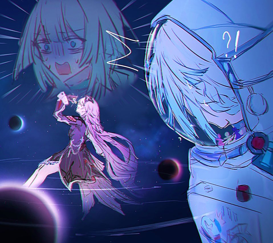 cerydra (honkai: star rail), evernight (honkai: star rail), march 7th (honkai: star rail), honkai: star rail, honkai (series), !?, 2girls, ^^^, arm up, black dress, black flower, black gloves, blue eyes, blue hair, blue sky, closed eyes, dress, flower, gloves, hair flower, hair ornament, helmet, holding, long hair, long sleeves, looking at another, low twintails, multiple girls, no pupils, official alternate costume, official alternate hairstyle, open mouth, outdoors, planet, scared, sidelocks, sitting, sky, smile, space, space helmet, spacesuit, star (sky), starry sky, sweat, twintails, two-tone dress, wenzi 006, white dress