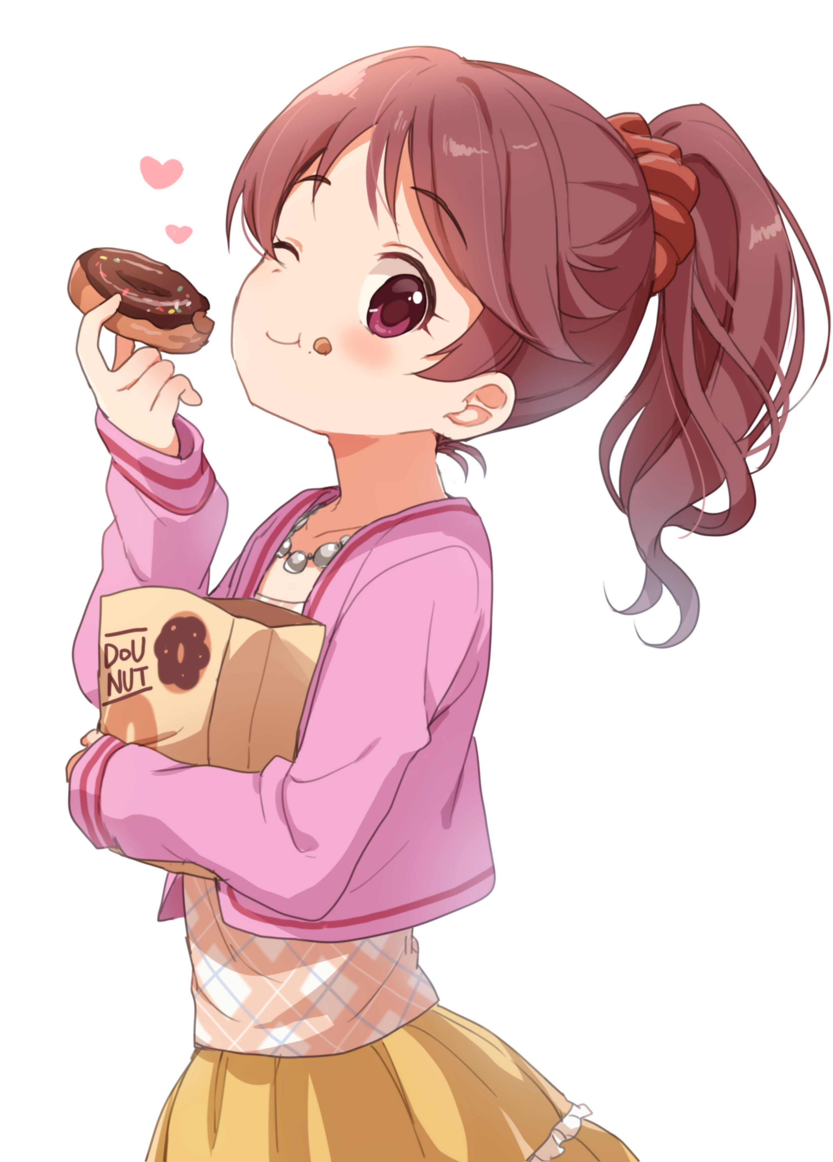buchi (y0u0ri ), shiina noriko, idolmaster, idolmaster cinderella girls, absurdres, commentary, highres, 1girl, ;), bead necklace, beads, blush, brown hair, closed mouth, collarbone, crumbs, donut, eating, food, hair ornament, hair scrunchie, heart, holding, holding donut, holding food, jacket, jewelry, long hair, long sleeves, looking at viewer, necklace, one eye closed, open clothes, open jacket, pink eyes, pink jacket, ponytail, red scrunchie, scrunchie, simple background, skirt, smile, solo, upper body, white background, yellow skirt