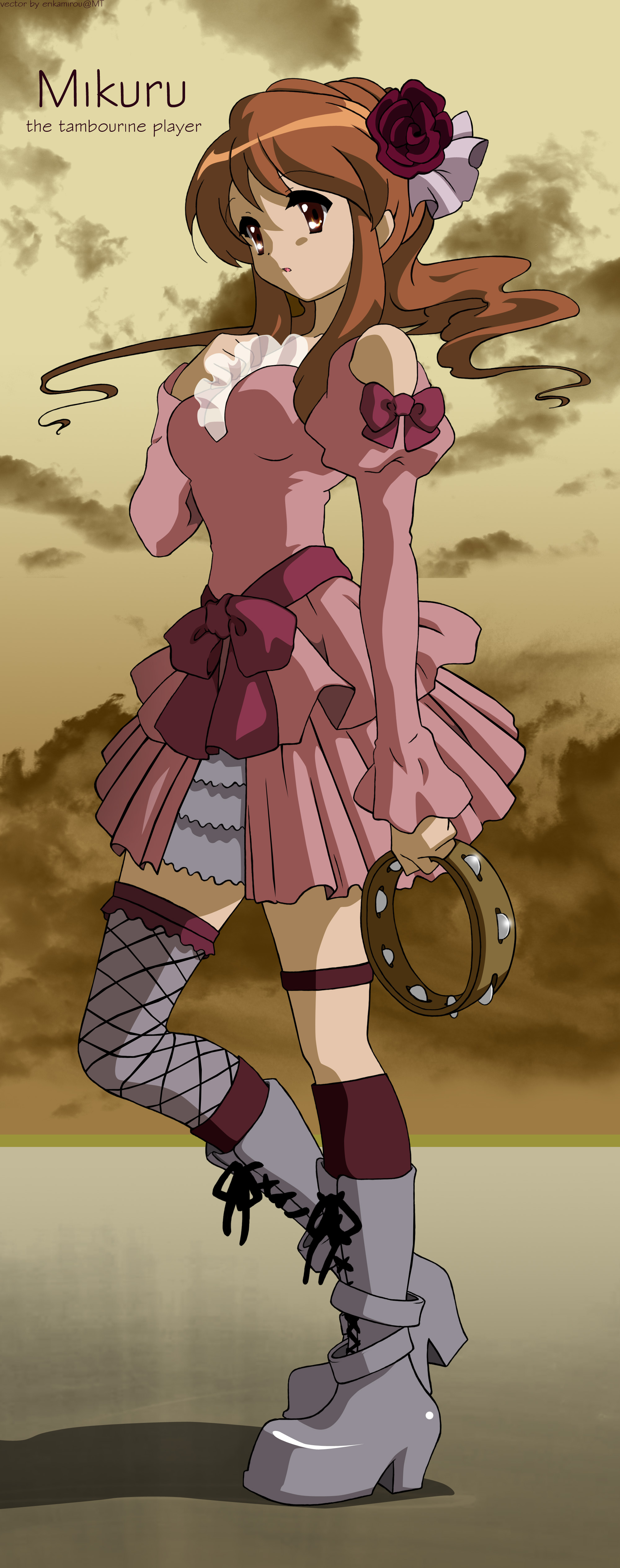 asahina mikuru, suzumiya haruhi no yuuutsu, absurdres, derivative work, highres, long image, tall image, vector trace, 00s, boots, long hair, skirt, thighhighs