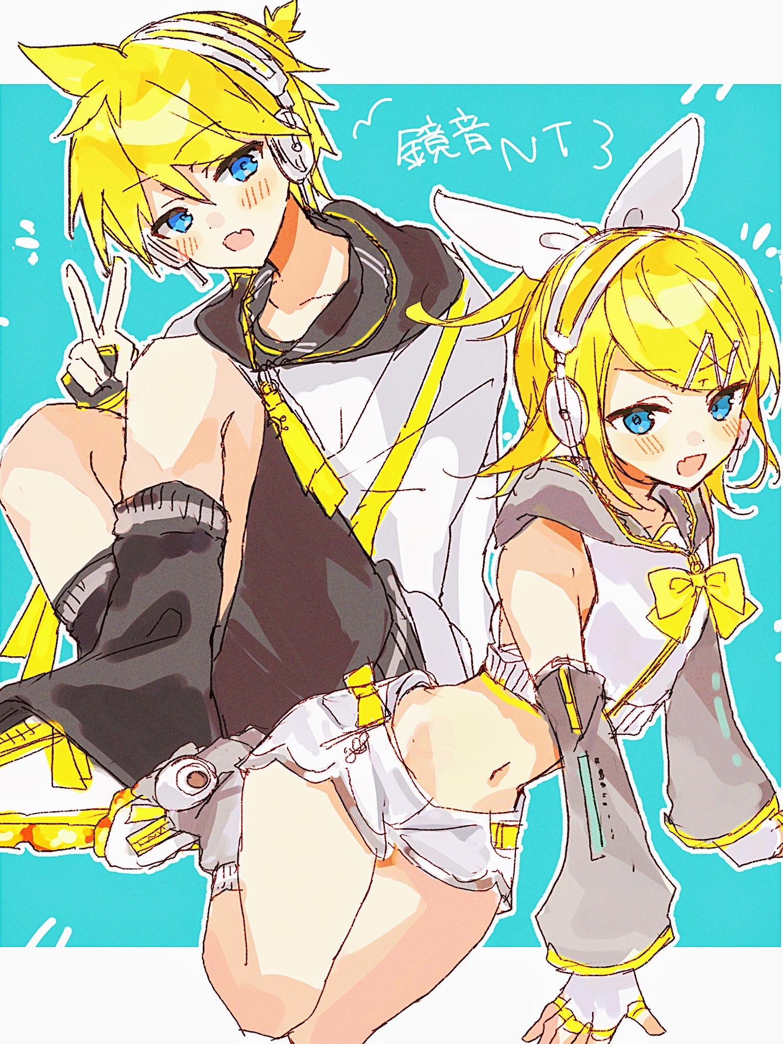 zar6vnffxk22155, kagamine len, kagamine rin, piapro studio, vocaloid, highres, 1girl, arm warmers, bare shoulders, black shorts, blue background, blue eyes, blush, bow, crop top, detached sleeves, fang, fingerless gloves, gloves, grey sleeves, hair bow, hair ornament, hairclip, headphones, hood, hoodie, kagamine len (nt), kagamine rin (nt), leg warmers, looking at viewer, midriff, navel, neckerchief, open mouth, ponytail, sailor collar, shirt, short hair, short ponytail, short shorts, shorts, sitting, skin fang, sleeveless, sleeveless shirt, smile, solo, spiked hair, v, white bow, white gloves, white shirt, white shorts, yellow bow, yellow nails, yellow neckerchief