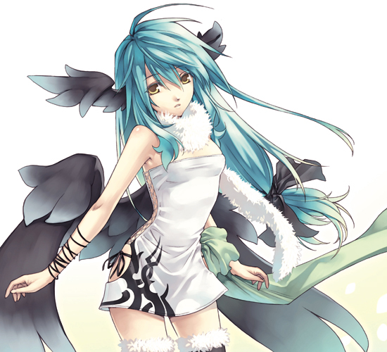 artist request, source request, 1girl, armpit crease, black panties, black wings, boots, breasts, female focus, long hair, panties, side-tie panties, small breasts, solo, thigh boots, thighhighs, underwear, wings