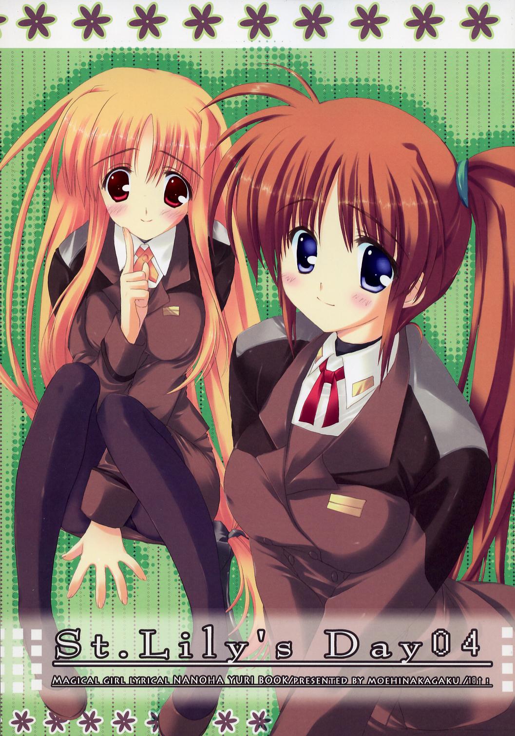 fate testarossa, takamachi nanoha, lyrical nanoha, mahou shoujo lyrical nanoha, mahou shoujo lyrical nanoha strikers, highres, 00s, 2girls, black panties, blonde hair, blue eyes, blush, breasts, brown hair, long hair, looking at viewer, medium breasts, multiple girls, panties, panties under pantyhose, pantyhose, pointing, pointing up, red eyes, skirt, smile, underwear, very long hair
