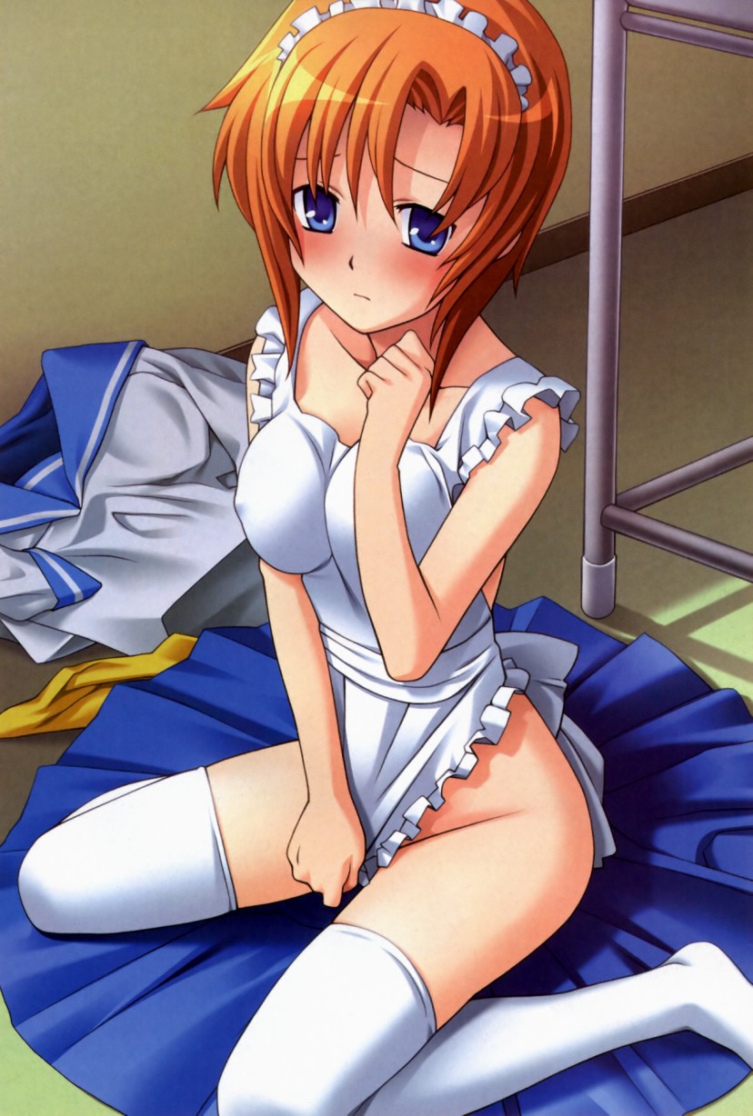 ryuuguu rena, higurashi no naku koro ni, highres, 00s, 1girl, apron, blue eyes, maid, maid apron, necktie, orange hair, school uniform, serafuku, short hair, skirt, thighhighs
