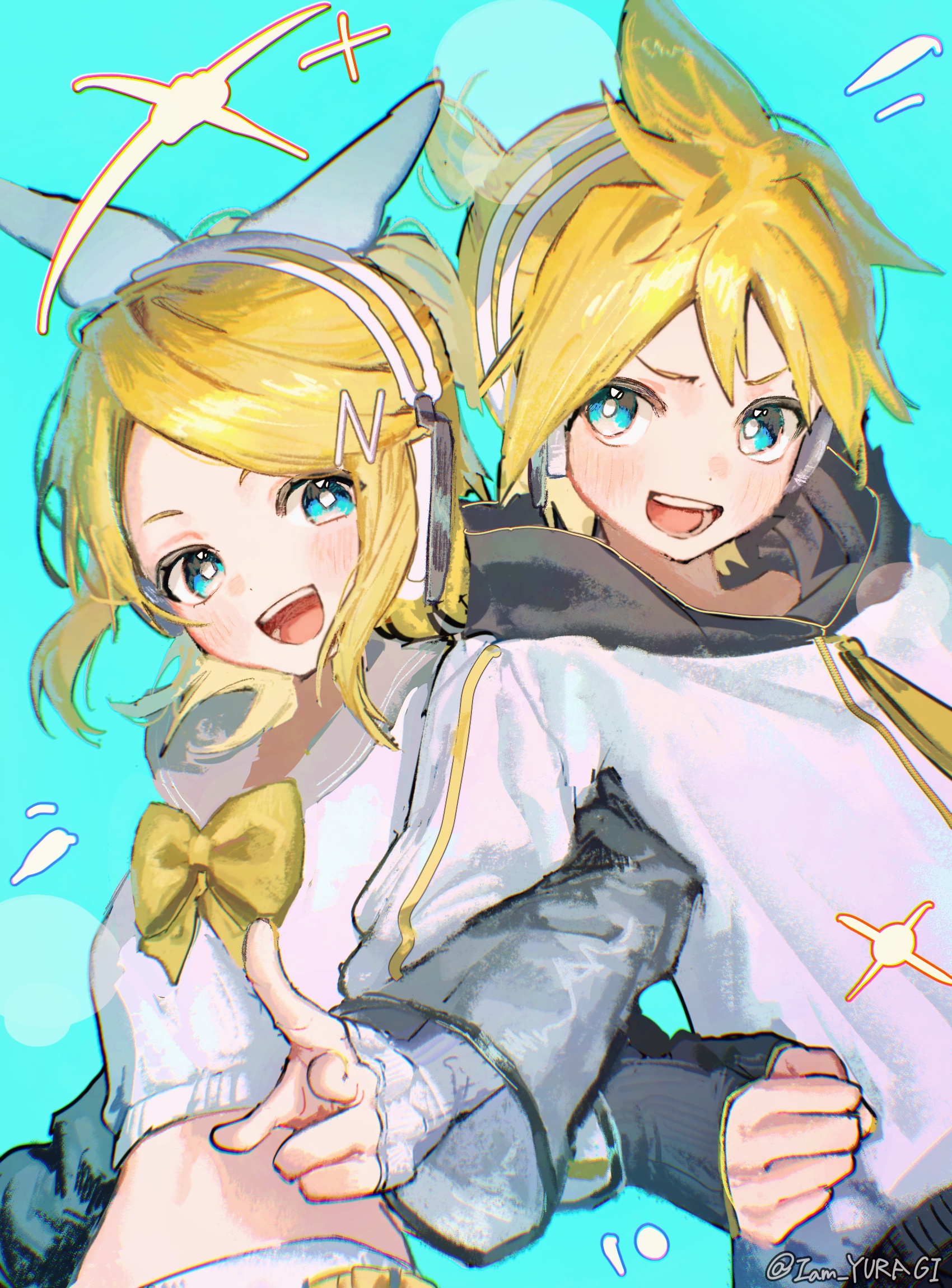 kagamine len, kagamine rin, piapro studio, vocaloid, highres, 1girl, arm warmers, bare shoulders, black shorts, blue background, blue eyes, blush, bow, crop top, detached sleeves, fang, fingerless gloves, gloves, grey sleeves, h5migrx6ne78395, hair bow, hair ornament, hairclip, headphones, hood, hoodie, kagamine len (nt), kagamine rin (nt), leg warmers, looking at viewer, midriff, navel, neckerchief, open mouth, ponytail, sailor collar, shirt, short hair, short ponytail, short shorts, shorts, sitting, skin fang, sleeveless, sleeveless shirt, smile, solo, spiked hair, v, white bow, white gloves, white shirt, white shorts, yellow bow, yellow nails, yellow neckerchief