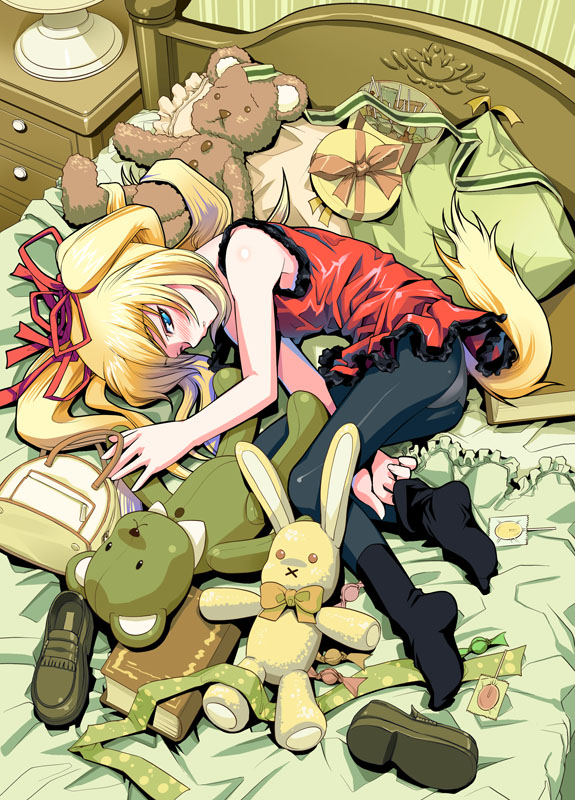 asaki takayuki, ogawa maiko, animal ears, bag, bear, bed, blonde hair, blue eyes, blush, bow, candy, dog ears, dress, food, kneehighs, lamp, pantyhose, pillow, ribbon, shoes, socks, solo, stuffed animal, stuffed toy, tail, toy, twintails