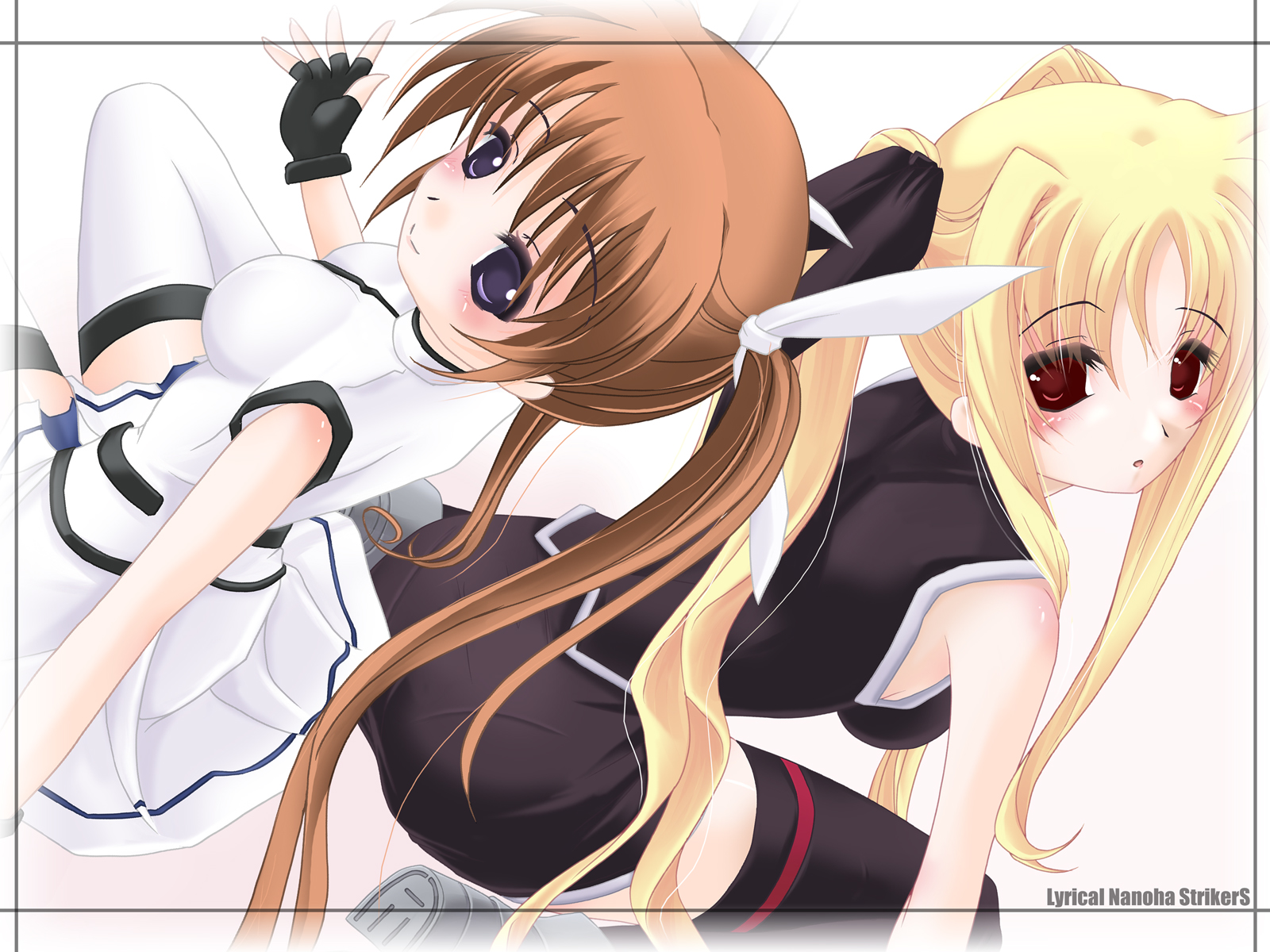 frapowa, nanoha, fate testarossa, takamachi nanoha, lyrical nanoha, mahou shoujo lyrical nanoha, mahou shoujo lyrical nanoha strikers, highres, 00s, 2girls, blonde hair, blush, copyright name, fingerless gloves, gloves, long hair, magical girl, multiple girls, short hair, sitting, skirt, thighhighs, twintails