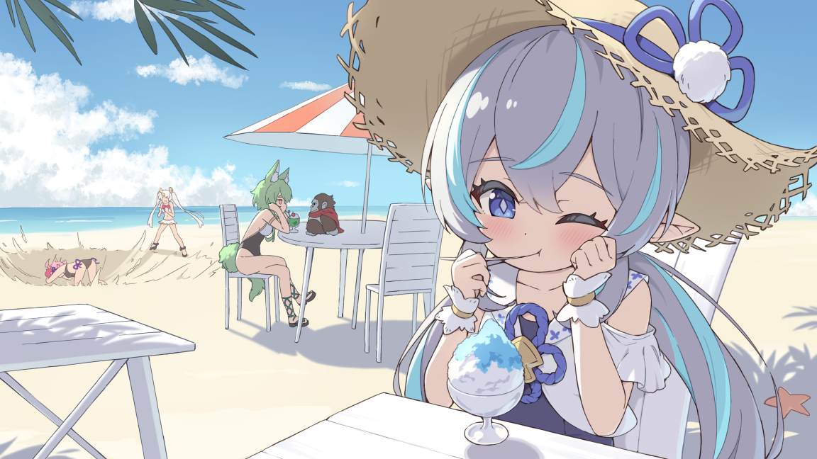 hiyaya (kochi michikaze), granblue fantasy, character request, commentary request, commission, skeb commission, 4girls, animal ear fluff, animal ears, ankle lace-up, beach, beach umbrella, bikini, black bikini, black one-piece swimsuit, black sandals, blue hair, blue one-piece swimsuit, blue ribbon, blue sky, blush, brown hat, chair, closed mouth, cloud, collarbone, day, eating, food, fox ears, fox girl, fox tail, green hair, hat, hat ribbon, holding, holding spoon, long hair, low twintails, multicolored hair, multiple girls, neck ribbon, ocean, one-piece swimsuit, one eye closed, outdoors, pink hair, pointy ears, purple hair, ribbon, sandals, shaved ice, short hair, sky, spoon, straw hat, sun hat, swimsuit, tail, twintails, two-tone hair, umbrella, white bikini, white hair