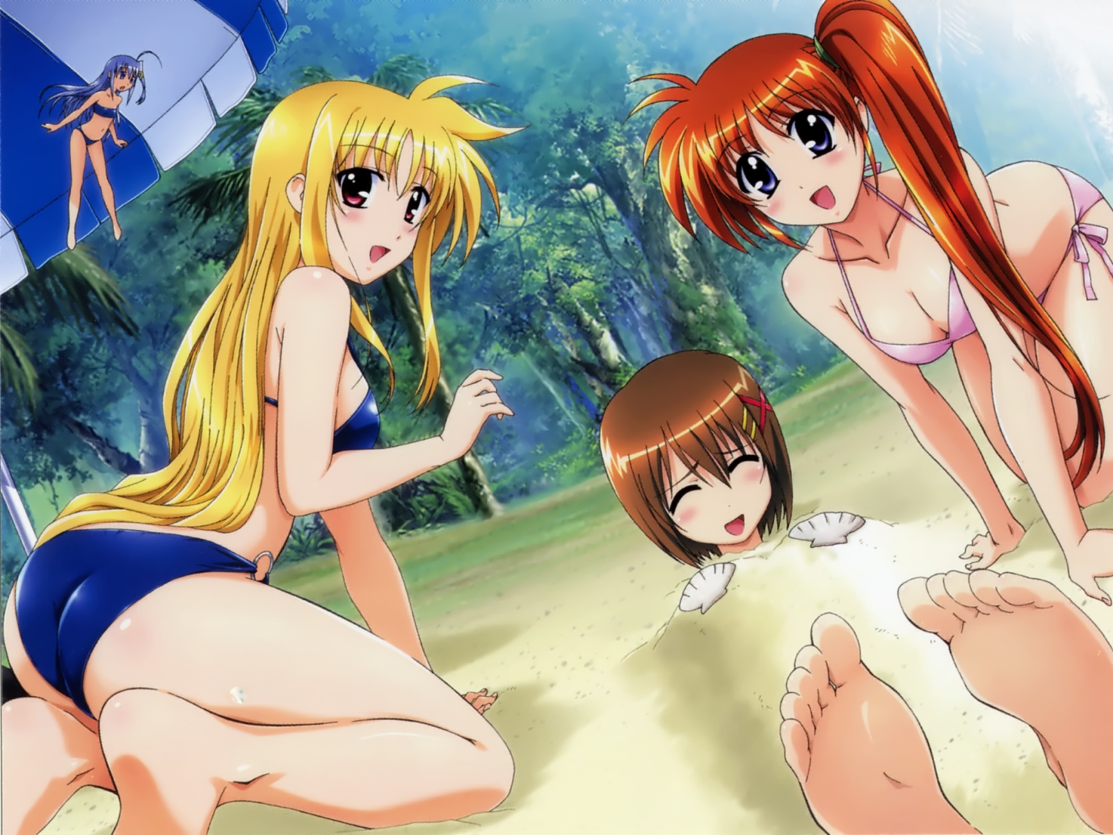 nanoha, fate testarossa, reinforce zwei, takamachi nanoha, yagami hayate, lyrical nanoha, mahou shoujo lyrical nanoha, mahou shoujo lyrical nanoha strikers, highres, 00s, bikini, breasts, long hair, swimsuit