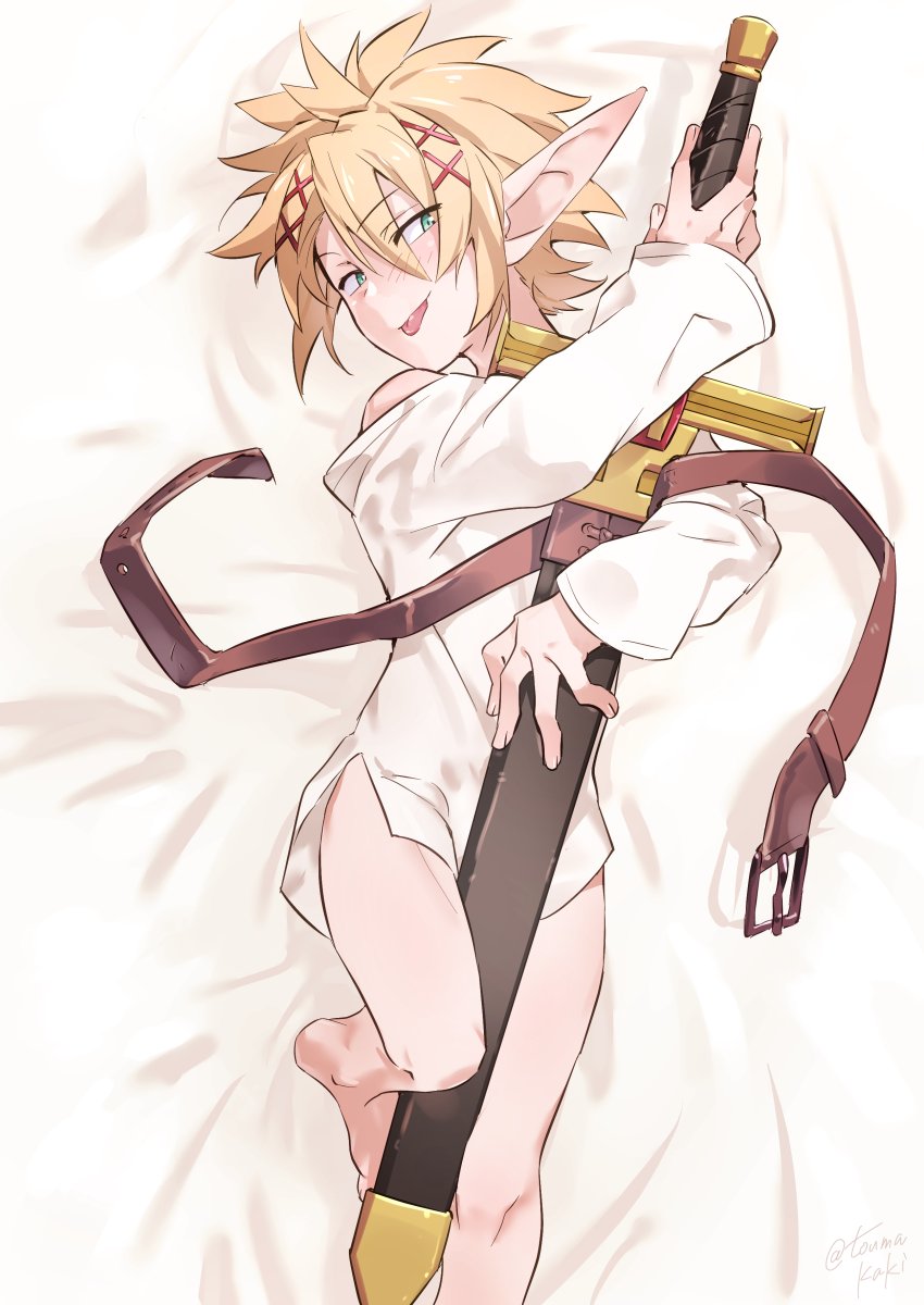 dasshu (dashi now), zel (ishuzoku reviewers), ishuzoku reviewers, highres, 1boy, bed sheet, blonde hair, bottomless, green eyes, hair between eyes, hair ornament, hairclip, holding, holding sword, holding weapon, hugging object, looking at viewer, lying, male focus, on back, open mouth, pointy ears, shirt, short hair, solo, sword, tongue, tongue out, weapon, white shirt