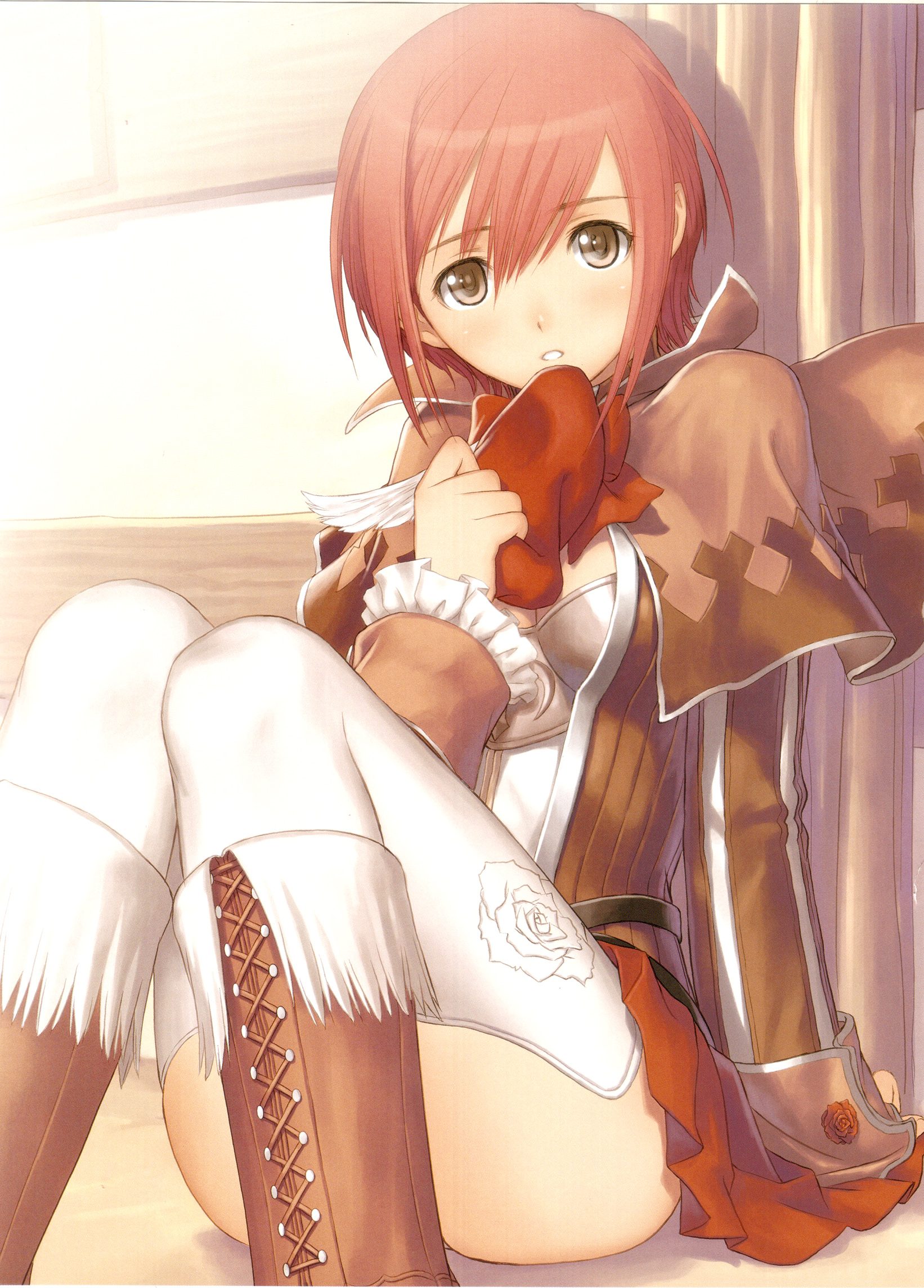 tony taka, highres, tagme, blush, short hair, skirt, thighhighs