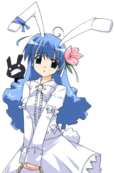 ahoge, animal ears, blue eyes, blue hair, bow, dress, gothic lolita, lolita fashion, magical garden, rabbit ears