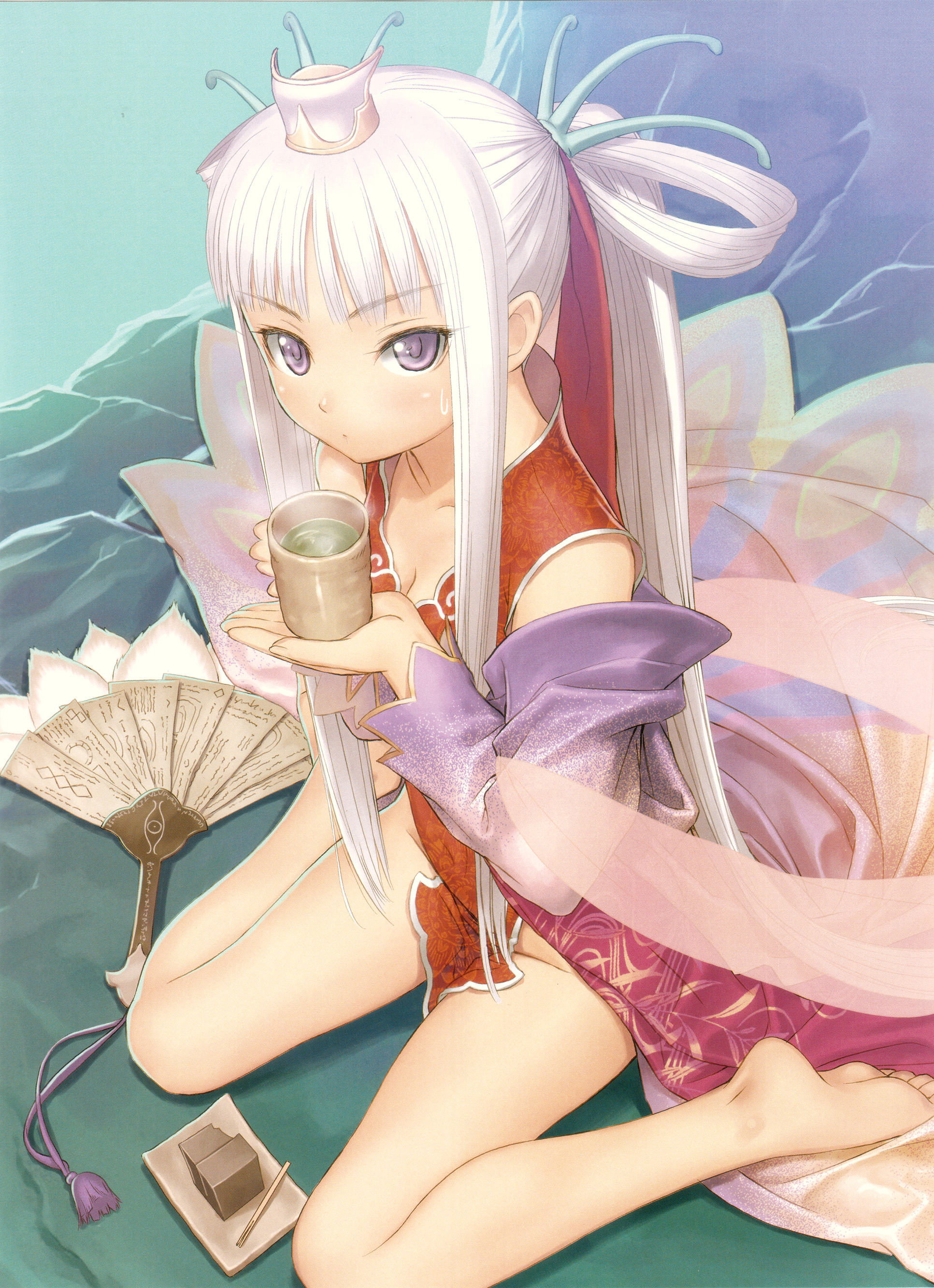 tony taka, houmei, sega, shining (series), shining wind, absurdres, highres, 1girl, artistic error, barefoot, blush, cup, female focus, flat chest, food, green tea, long hair, petite, ponytail, purple eyes, skirt, solo, tea, wagashi, white hair, yunomi
